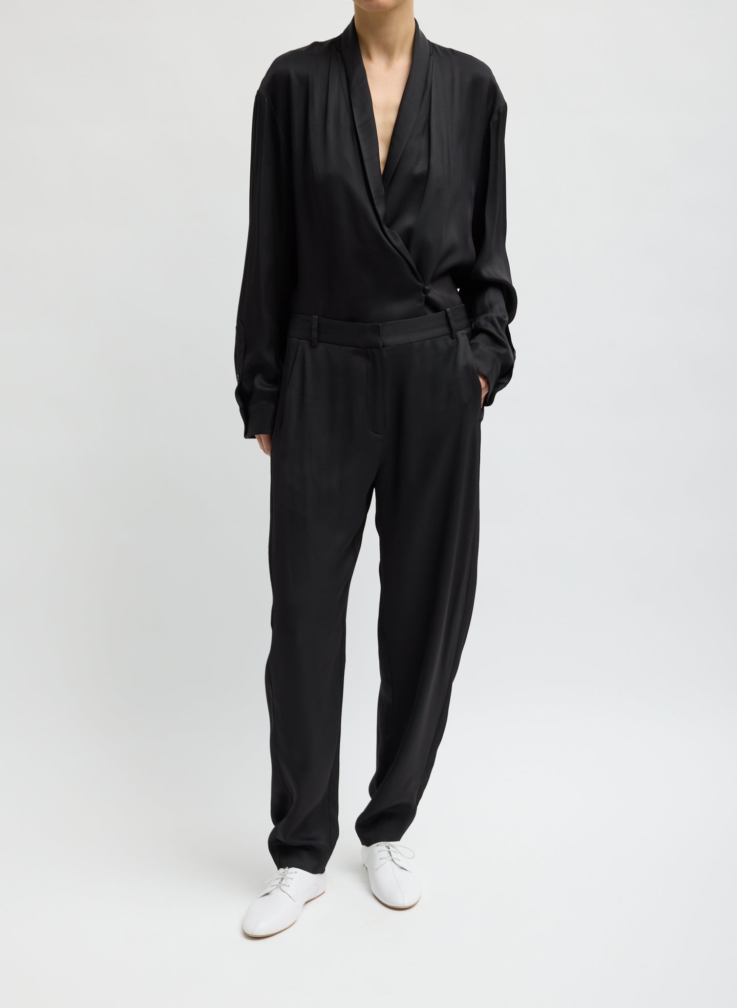 Black Eco Acetate Viscose Wrap Shirt Jacket - full look, front view on model