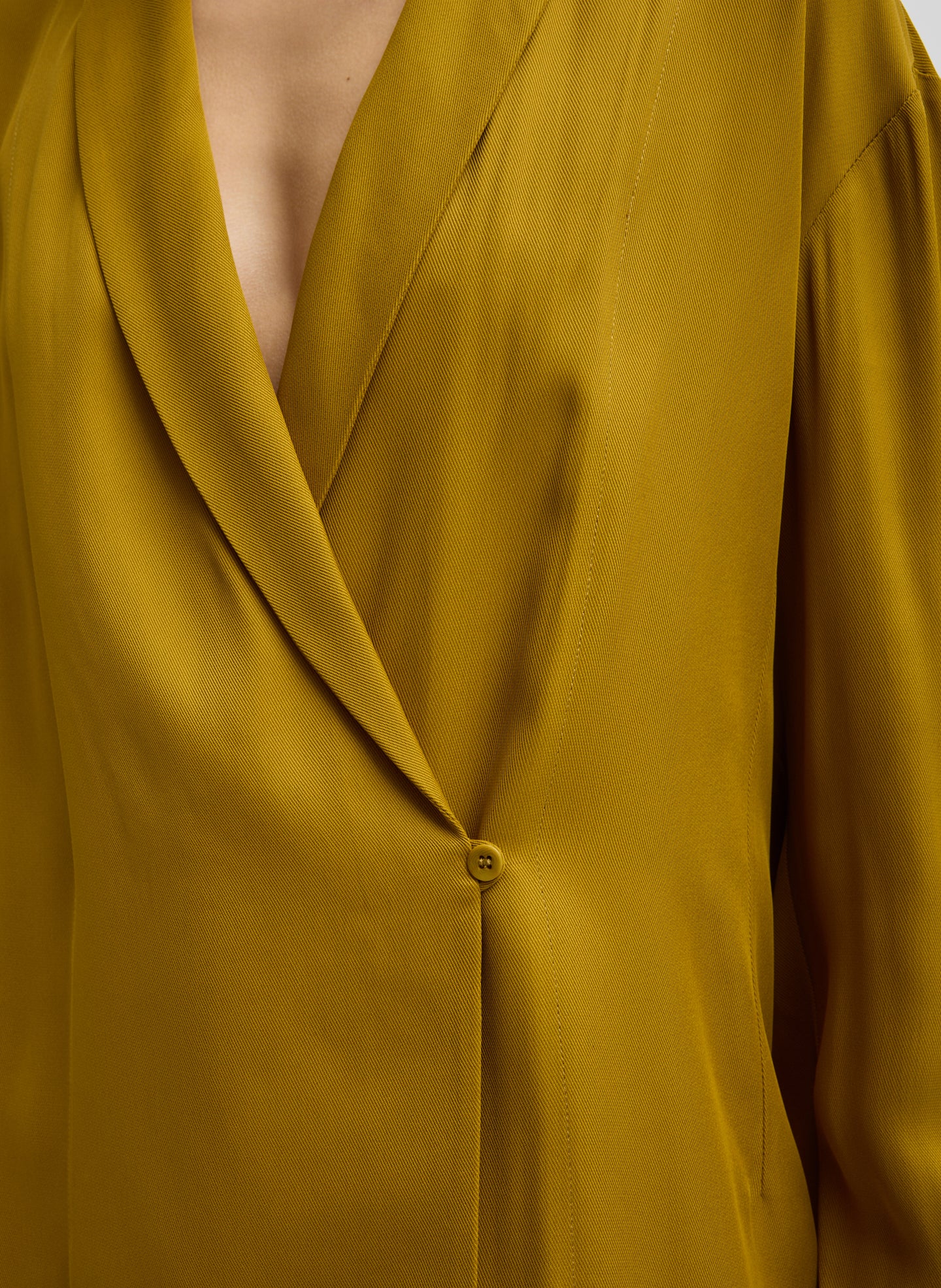 Mustard Eco Acetate Viscose Wrap Shirt Jacket - closeup of button closure