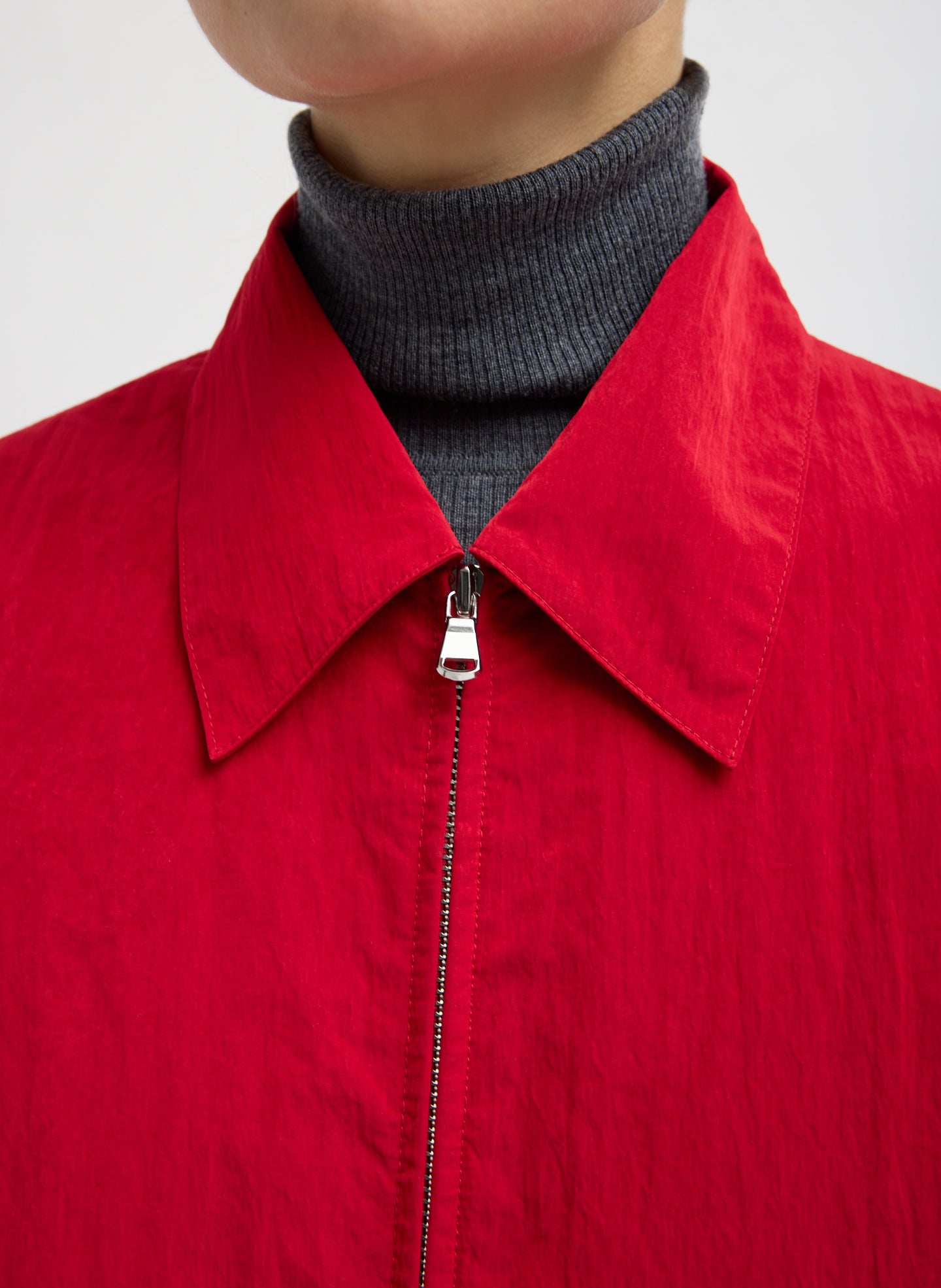 Red Fall Nylon Snap Bomber Jacket - closeup of collar detail