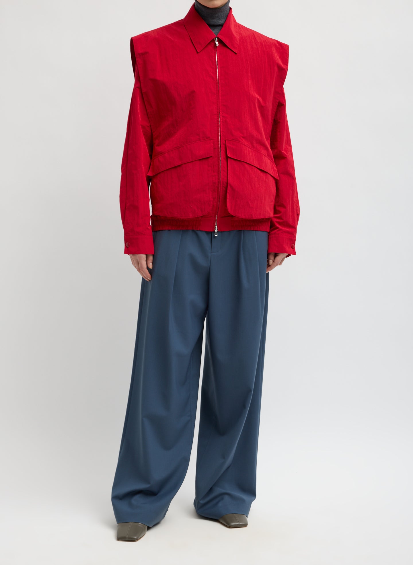 Red Fall Nylon Snap Bomber Jacket - front view on model