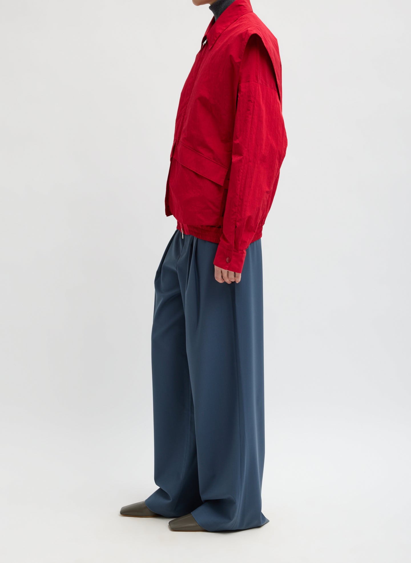 Red Fall Nylon Snap Bomber Jacket - side view on model