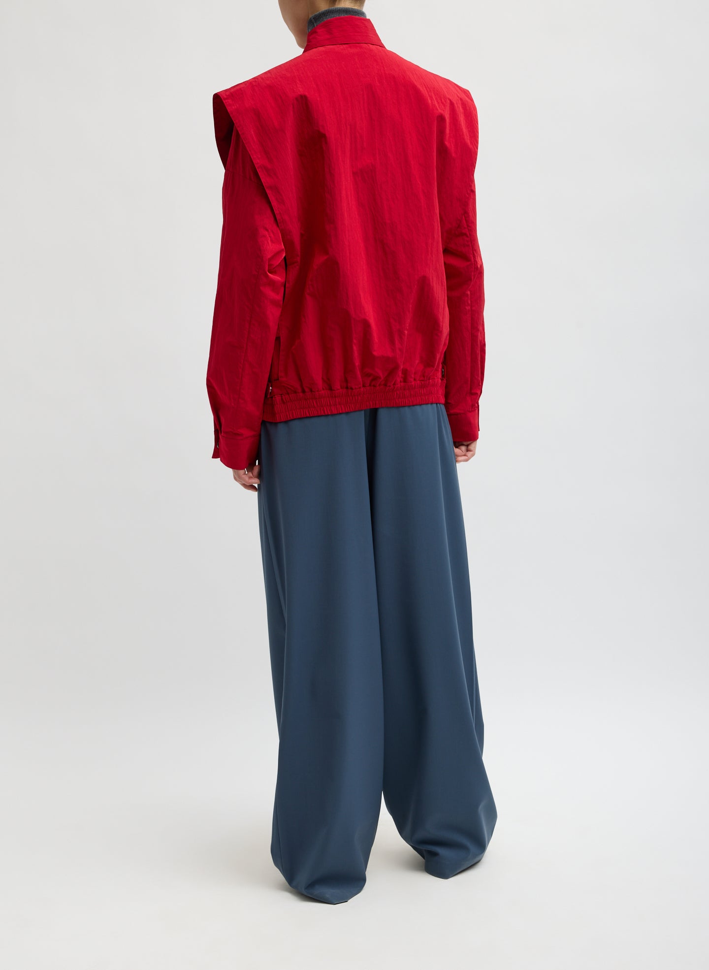 Red Fall Nylon Snap Bomber Jacket - back view on model