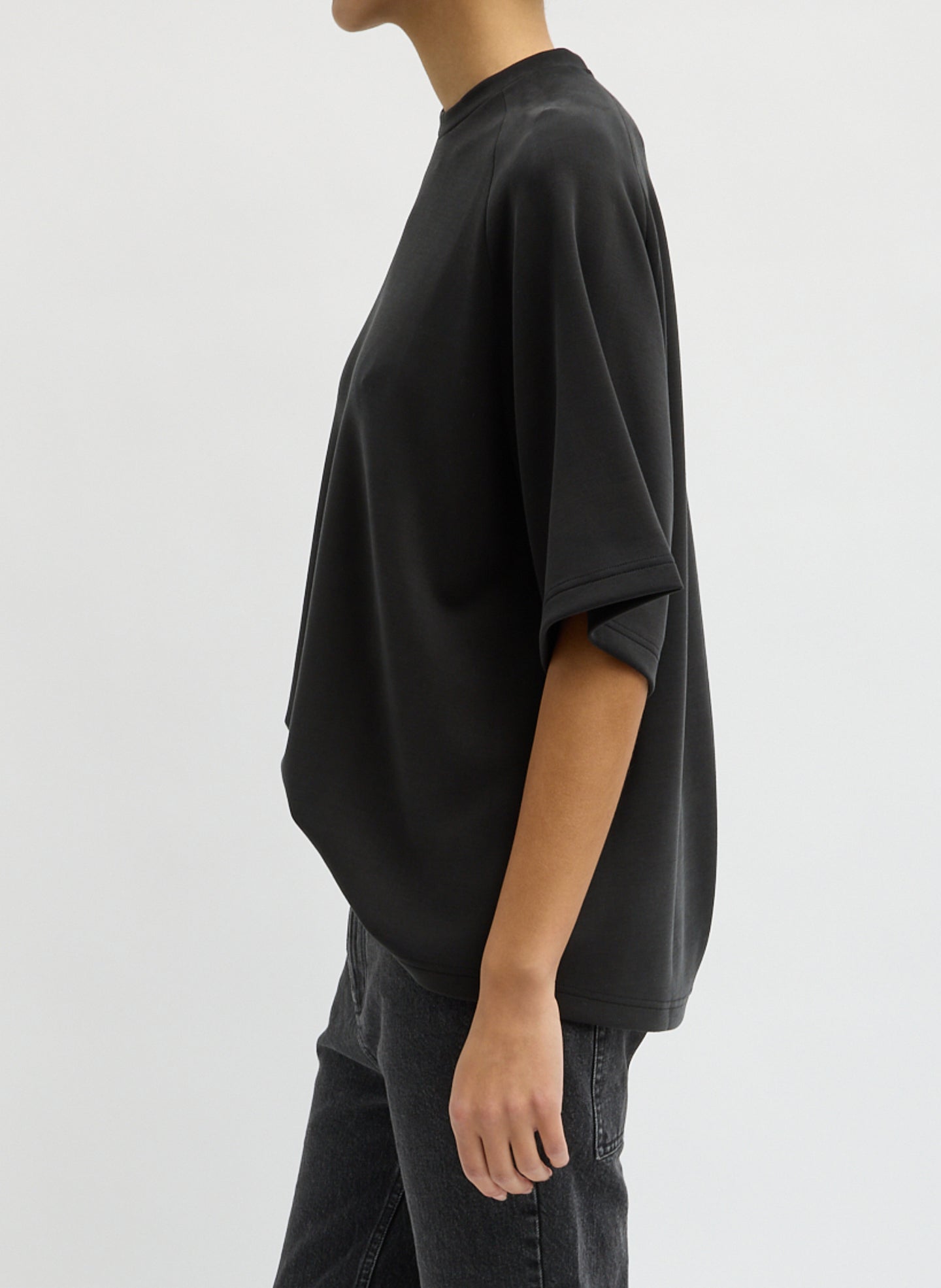 Black Feather Weight Viscose Neoprene Short Sleeve Baseball T-Shirt - side view on model