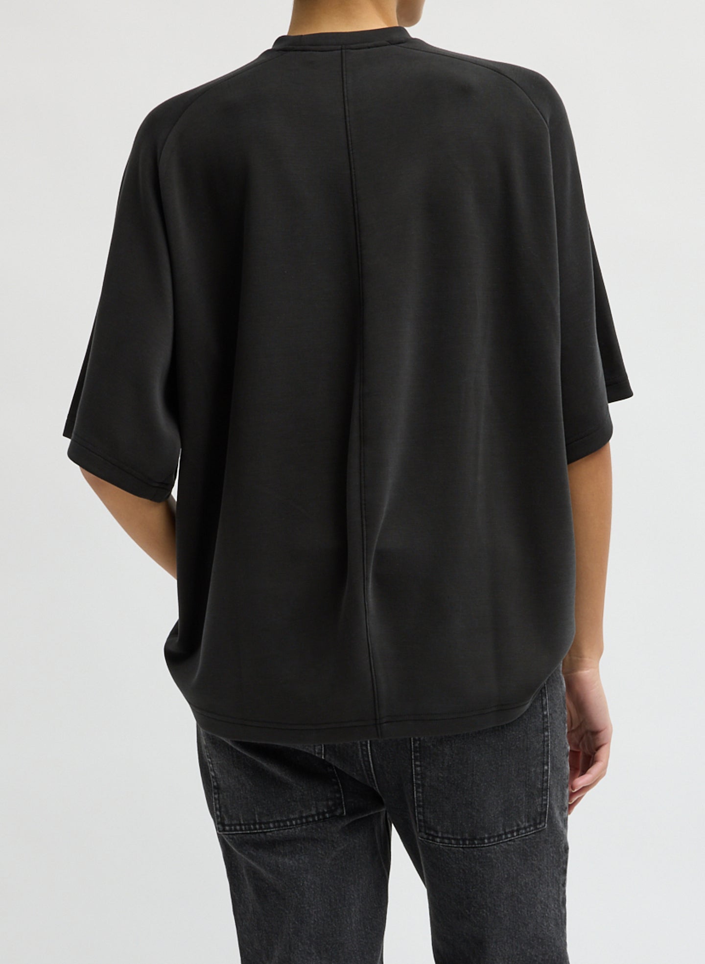 Black Feather Weight Viscose Neoprene Short Sleeve Baseball T-Shirt - back view on model