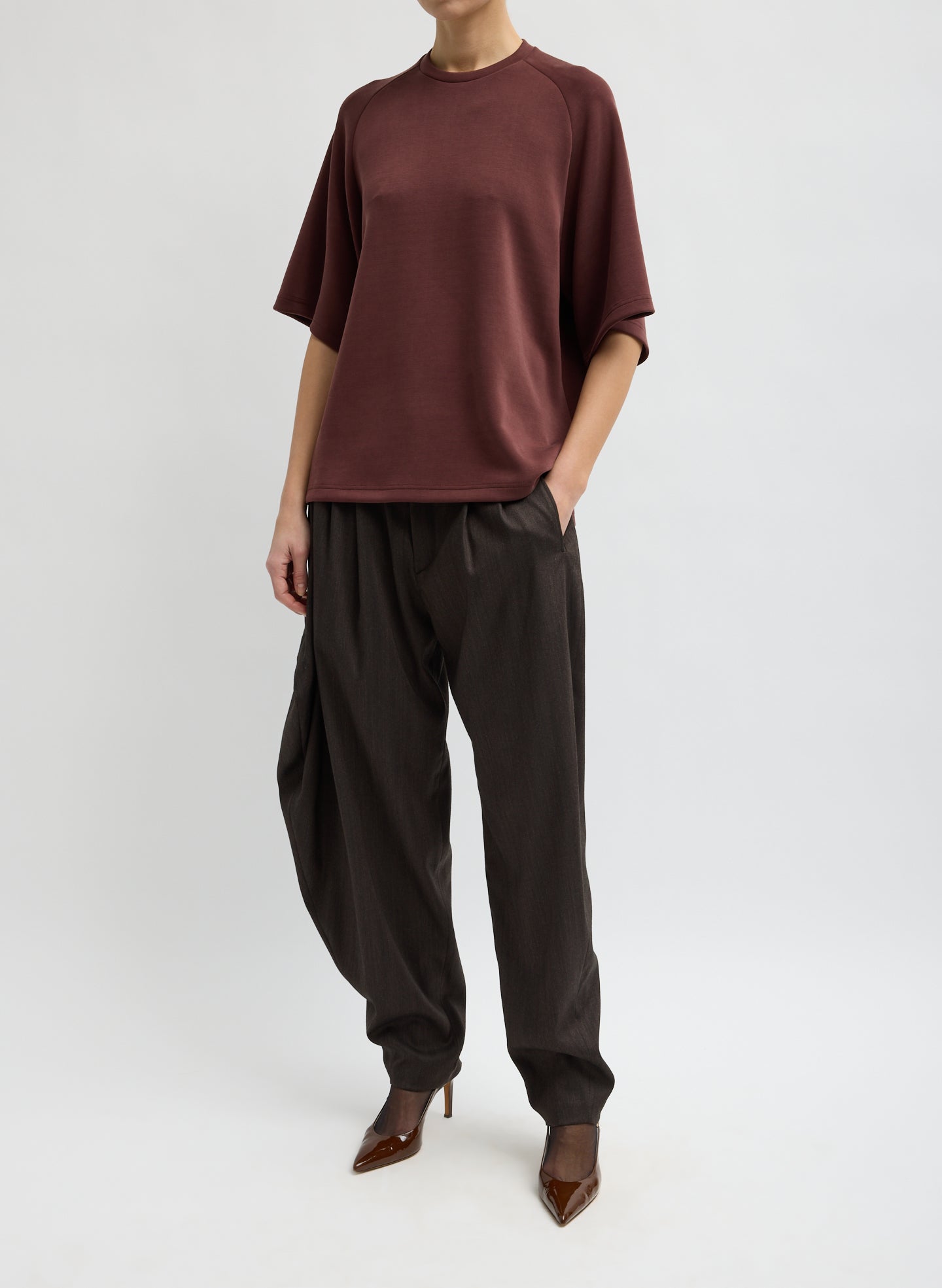 Bordeaux Feather Weight Viscose Neoprene Short Sleeve Baseball T-Shirt - full look, front view on model