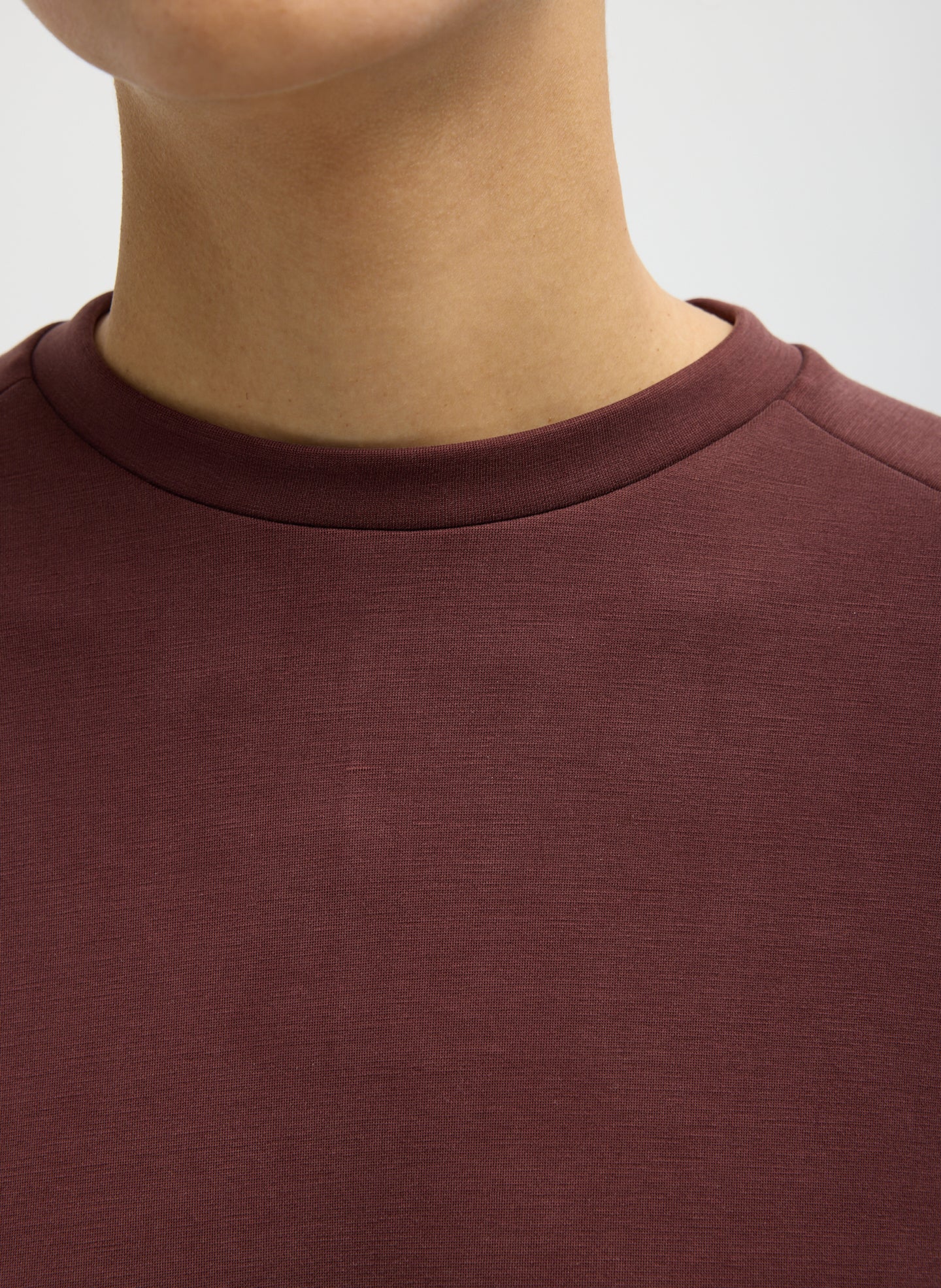 Bordeaux Feather Weight Viscose Neoprene Short Sleeve Baseball T-Shirt - closeup of neckline
