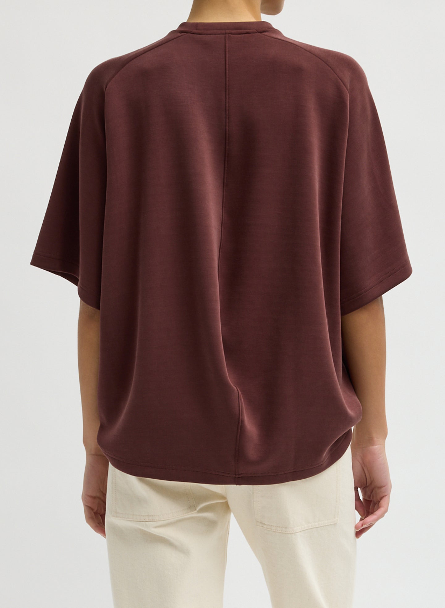 Bordeaux Feather Weight Viscose Neoprene Short Sleeve Baseball T-Shirt - back view on model
