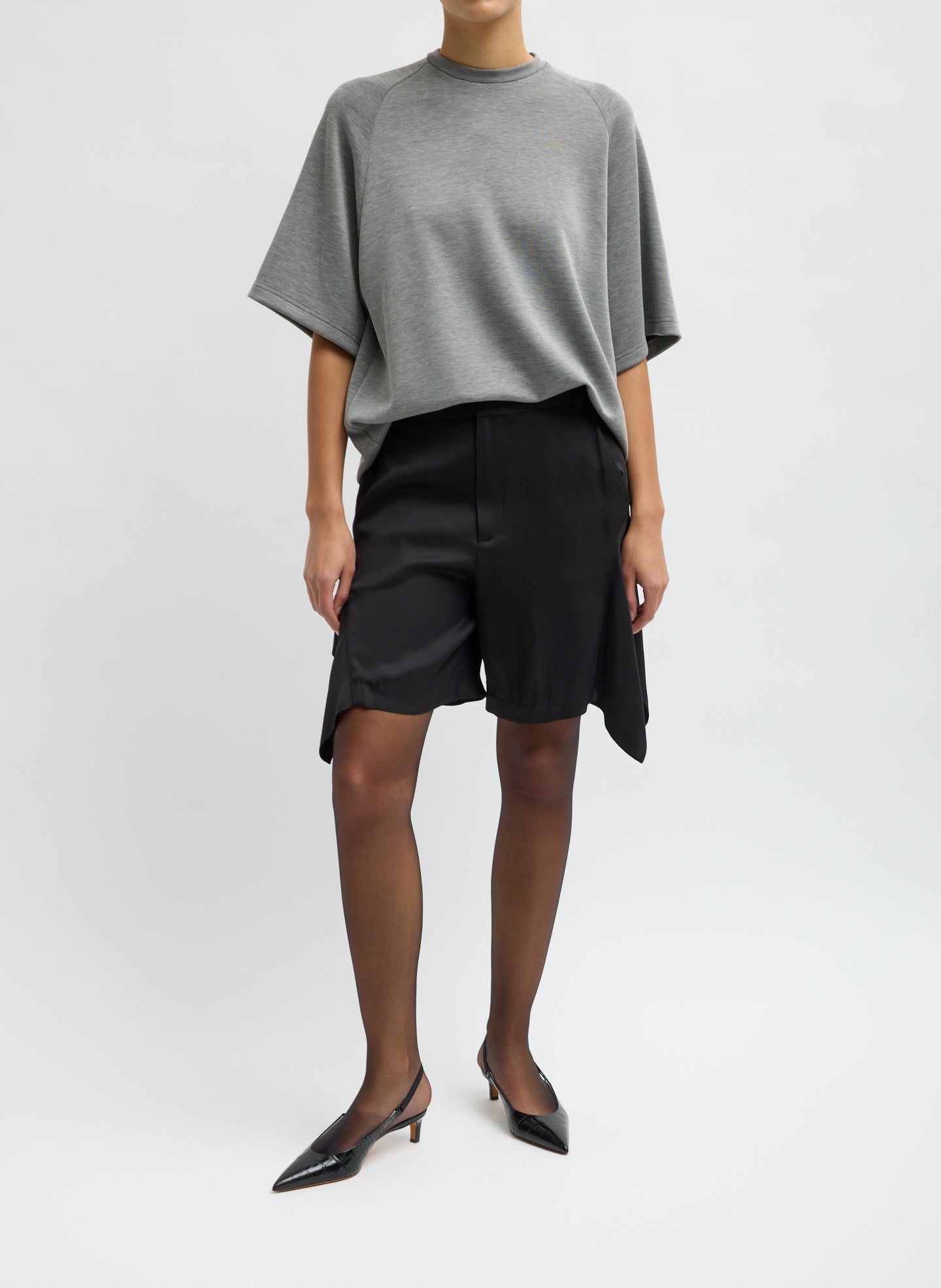 Grey Feather Weight Viscose Neoprene Short Sleeve Baseball T-Shirt - full look, front view on model