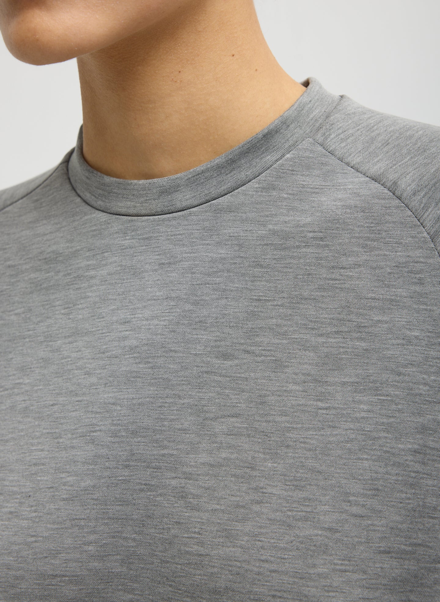 Grey Feather Weight Viscose Neoprene Short Sleeve Baseball T-Shirt - closeup of neckline