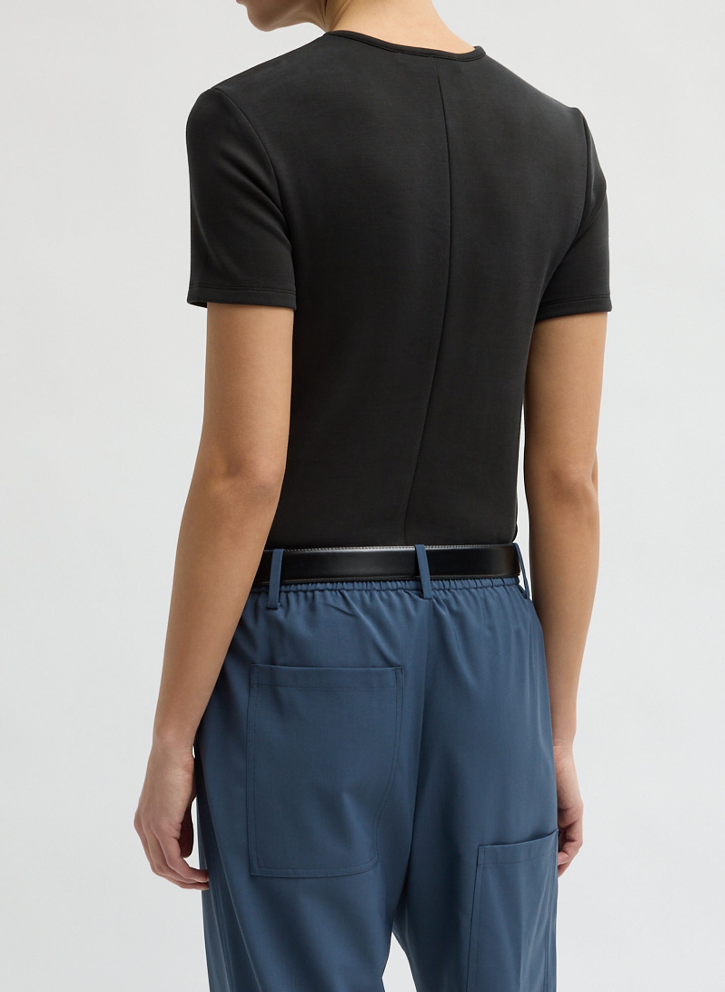 Black Feather Weight Viscose Neoprene Short Sleeve T-Shirt - back view on model