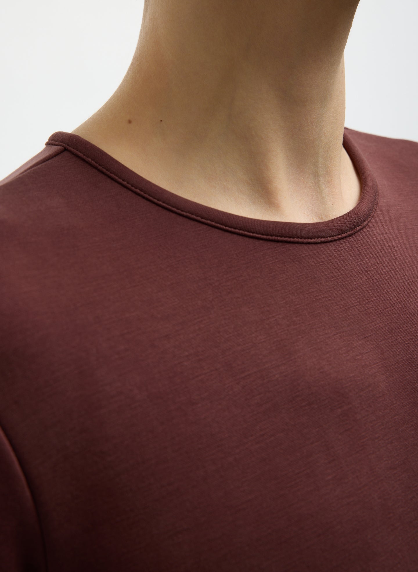 Bordeaux Feather Weight Viscose Neoprene Short Sleeve T-Shirt - closeup of neckline