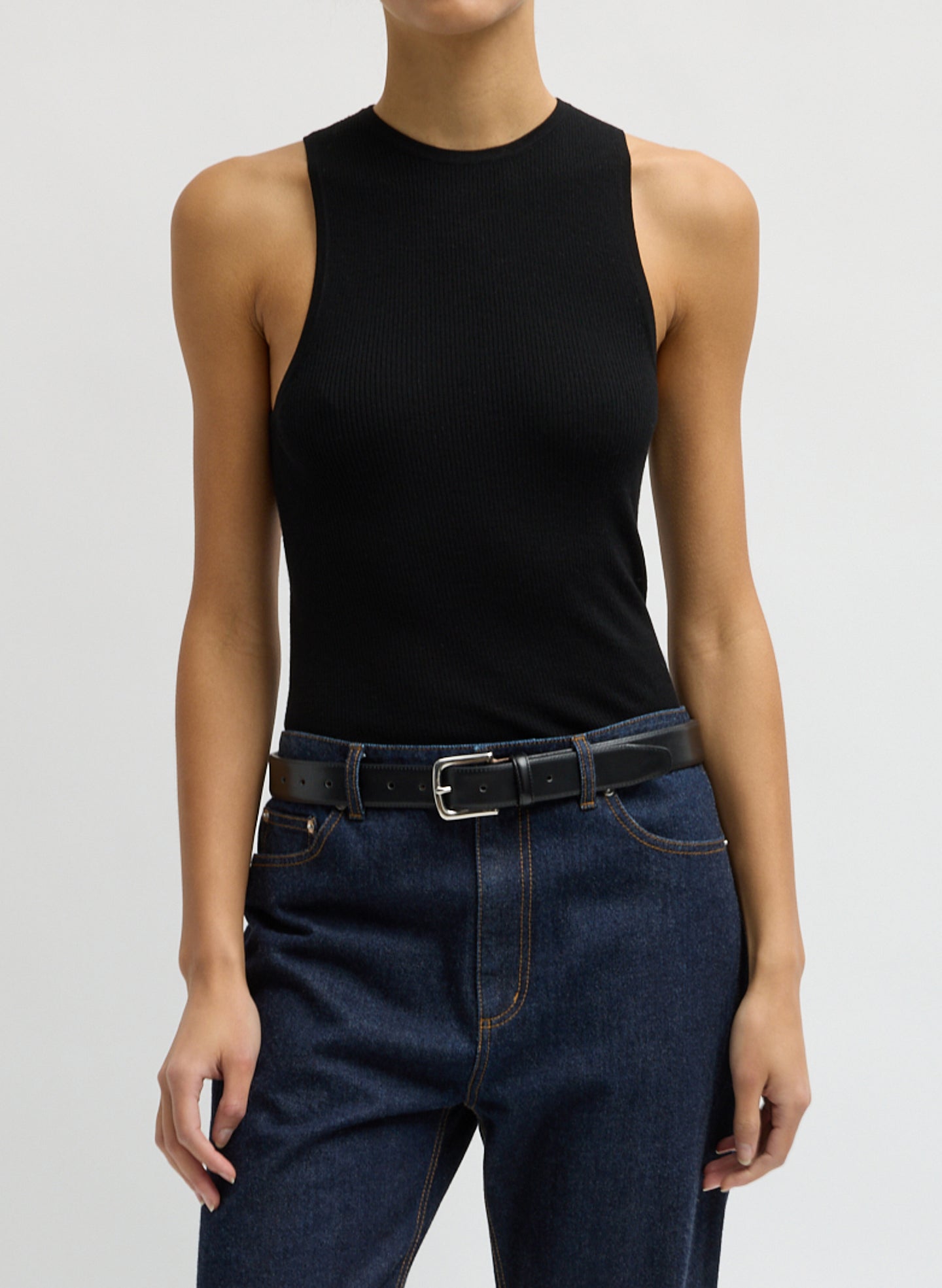 Black Feather Weight Ribbed Cut Out Tank - front view on model