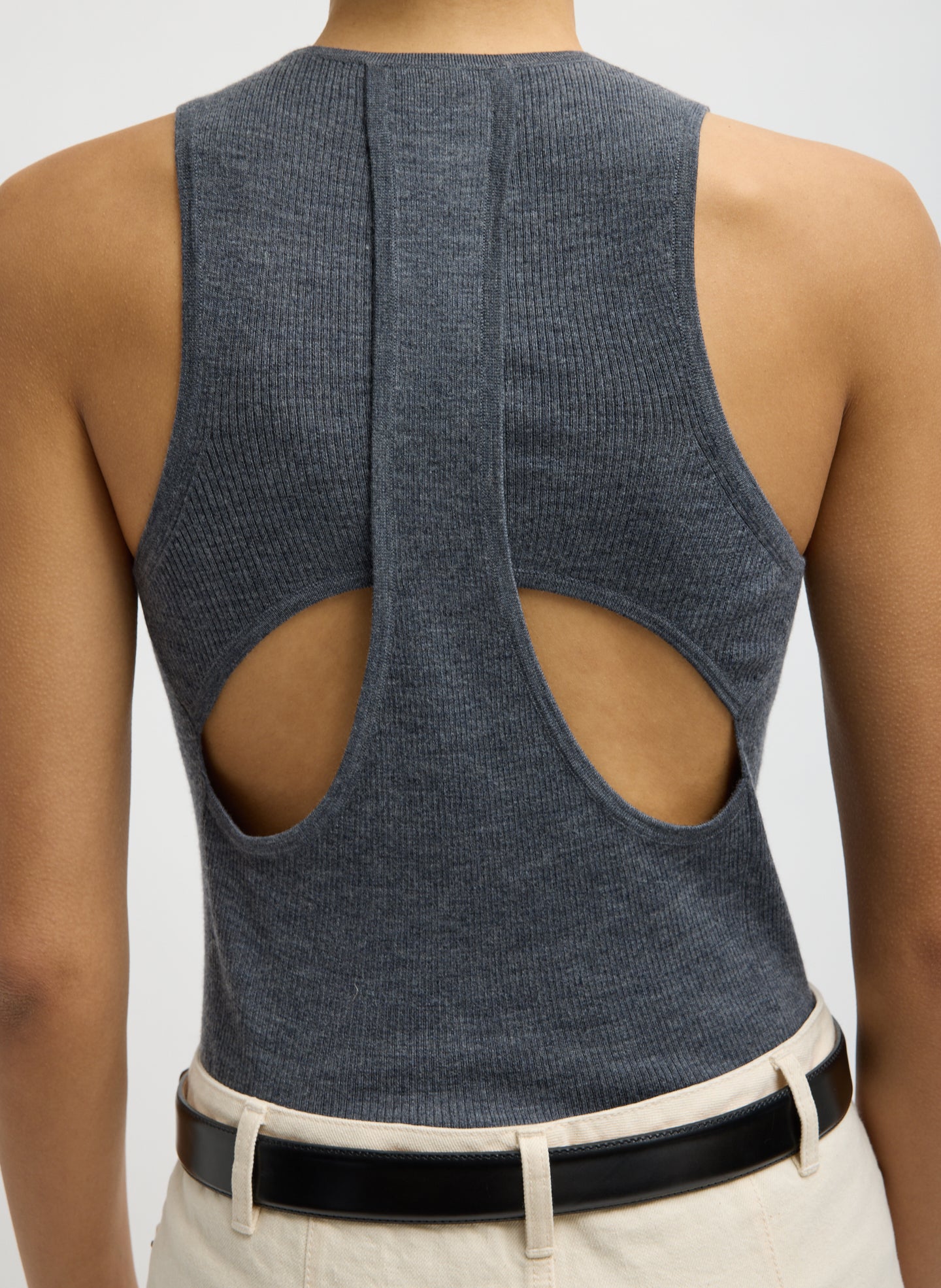 Charcoal Grey Feather Weight Ribbed Cut Out Tank - closeup of cut out detail at back