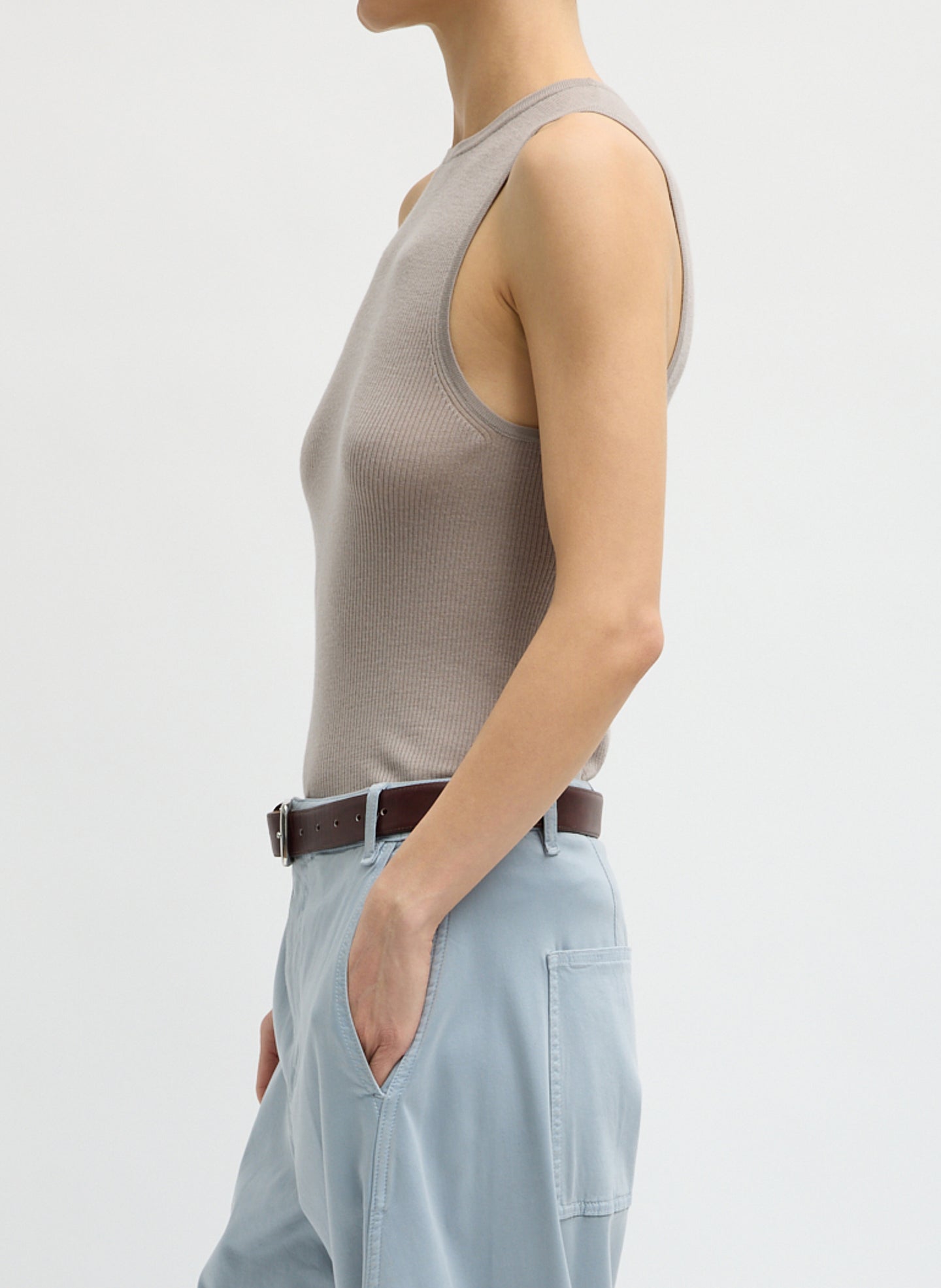 Clay Grey Feather Weight Ribbed Cut Out Tank - side view on model