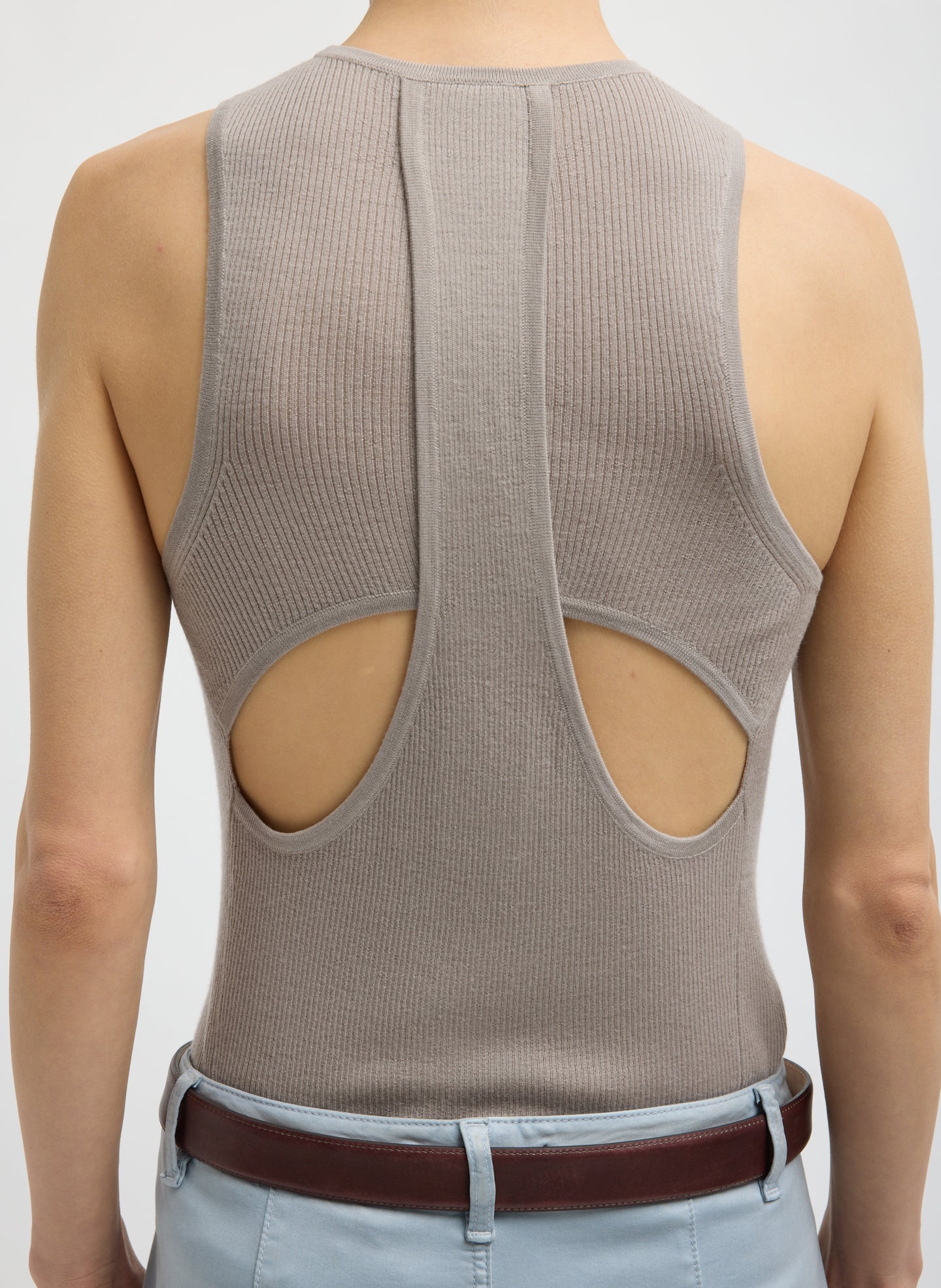 Clay Grey Feather Weight Ribbed Cut Out Tank - closeup of cut out detail at back
