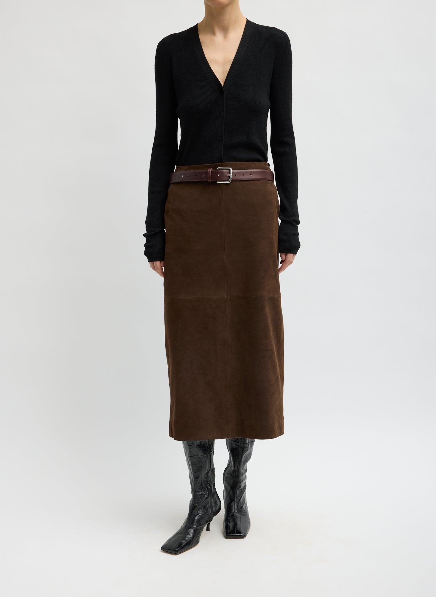 Black Feather Weight Ribbed V-Neck Cardigan - full look, front view on model