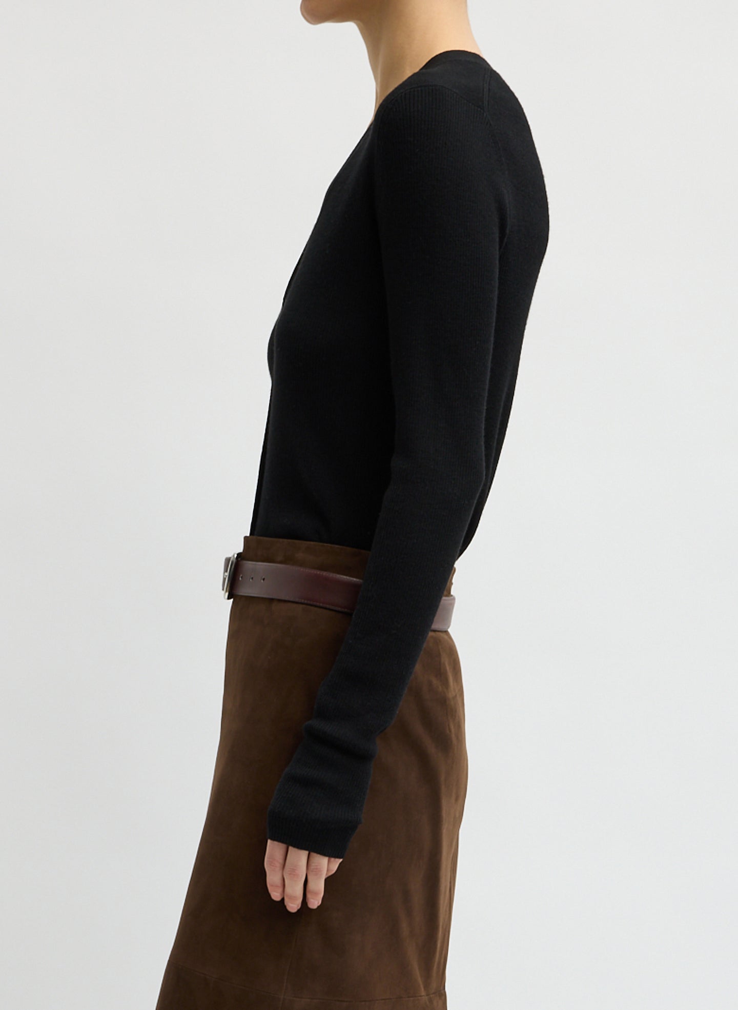 Black Feather Weight Ribbed V-Neck Cardigan - side view on model