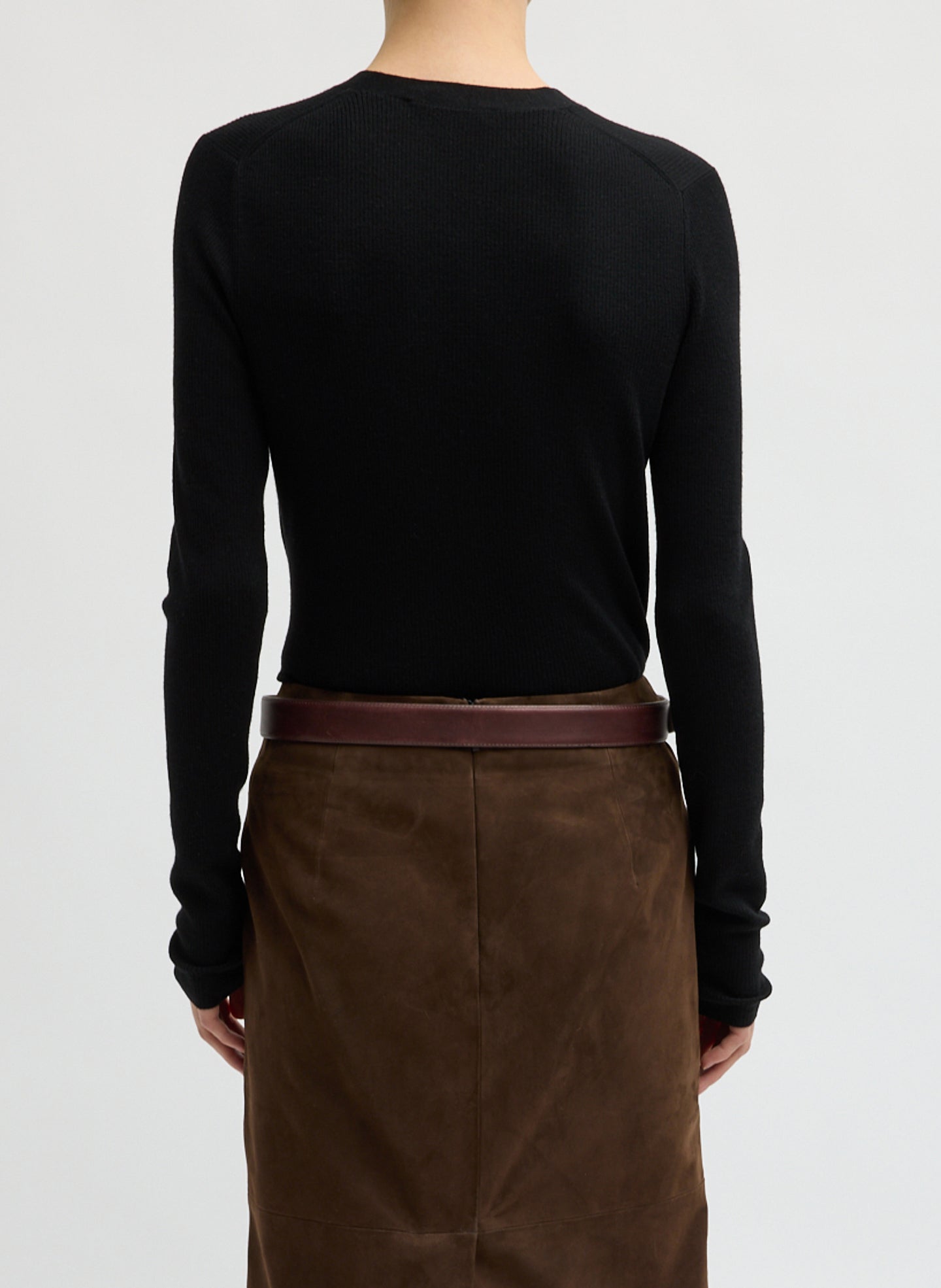 Black Feather Weight Ribbed V-Neck Cardigan - back view on model