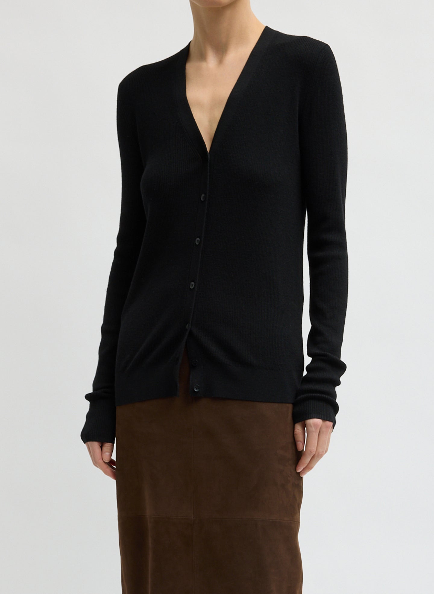 Black Feather Weight Ribbed V-Neck Cardigan - front view on model