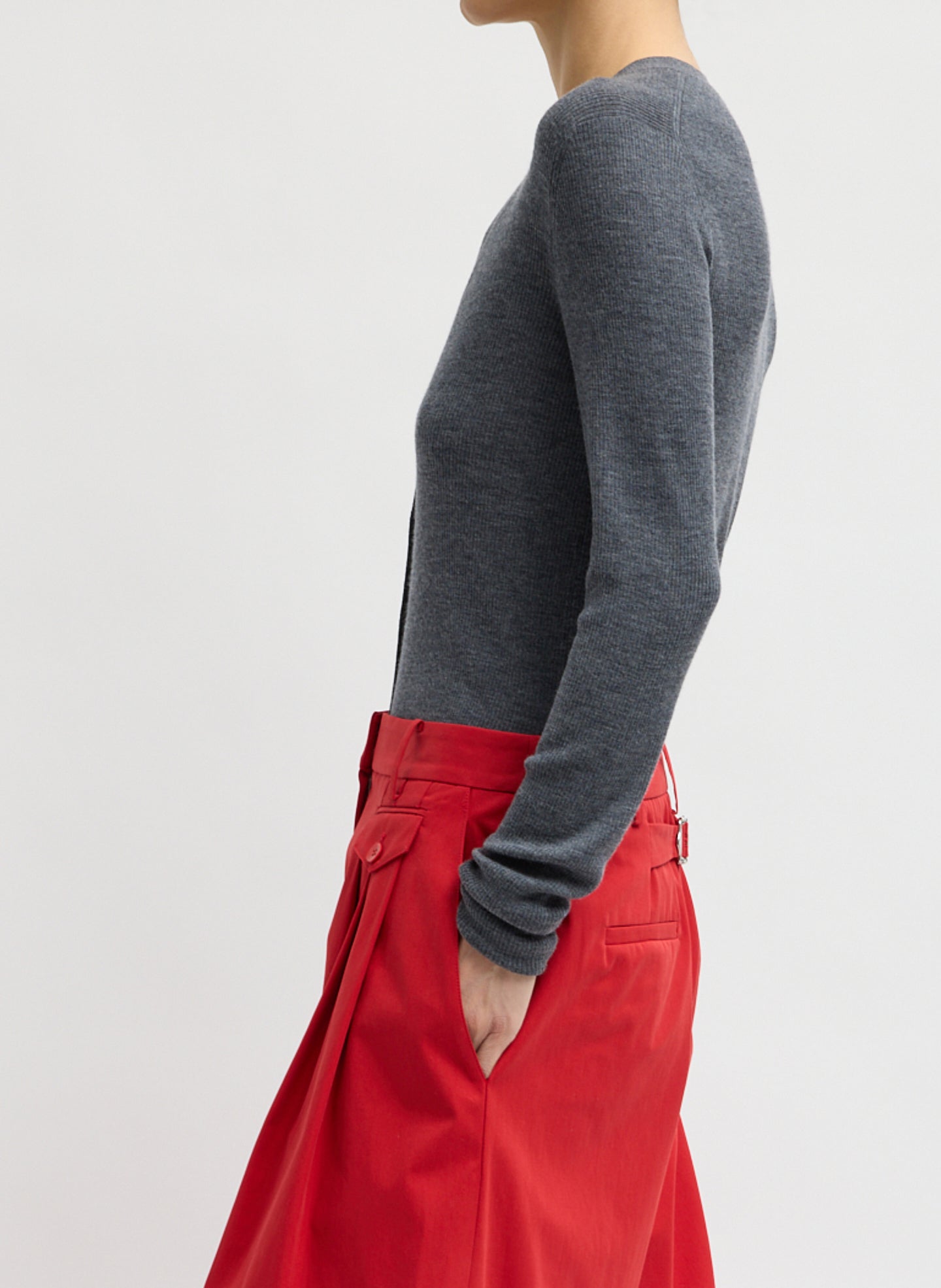 Charcoal Grey Feather Weight Ribbed V-Neck Cardigan - side view on model