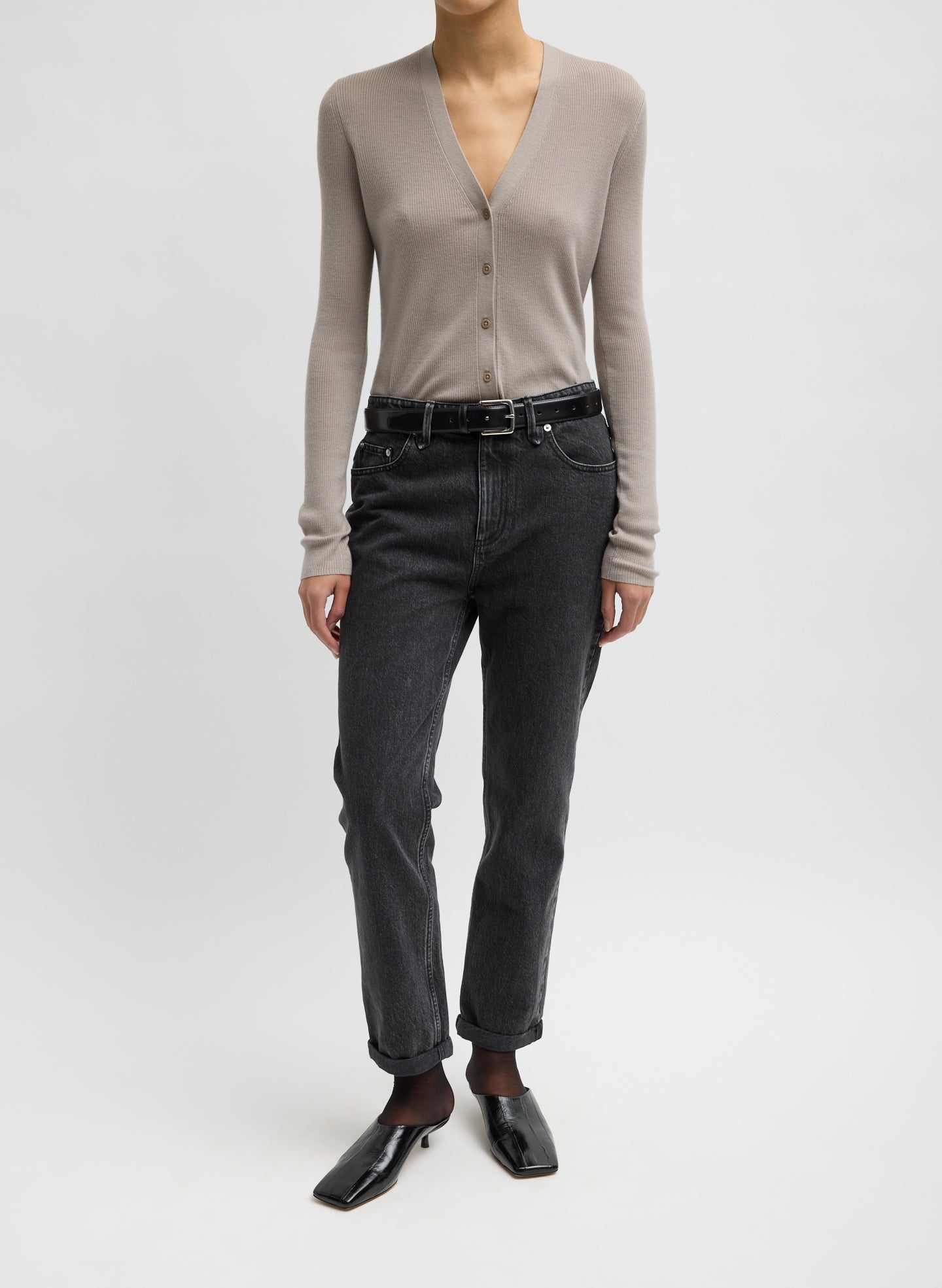 Clay Grey Feather Weight Ribbed V-Neck Cardigan - full look, front view on model