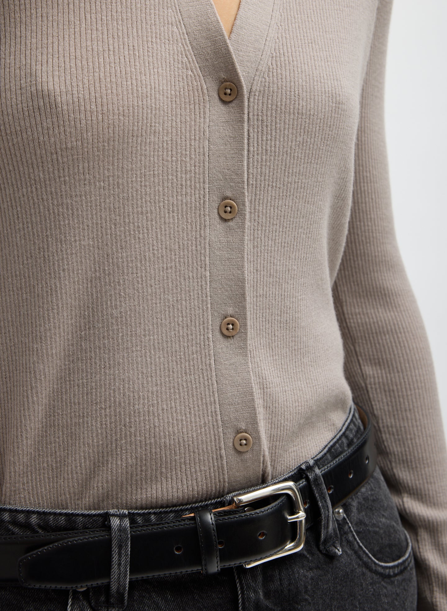Clay Grey Feather Weight Ribbed V-Neck Cardigan - closeup of button details