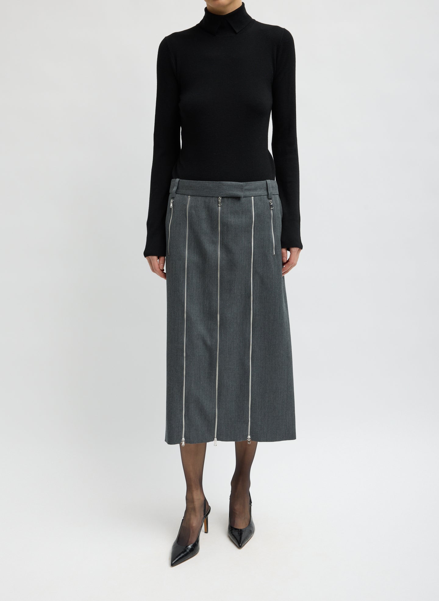 Heather Grey Gossamer Wool Melange Zip Midi Trouser Skirt - front view on model