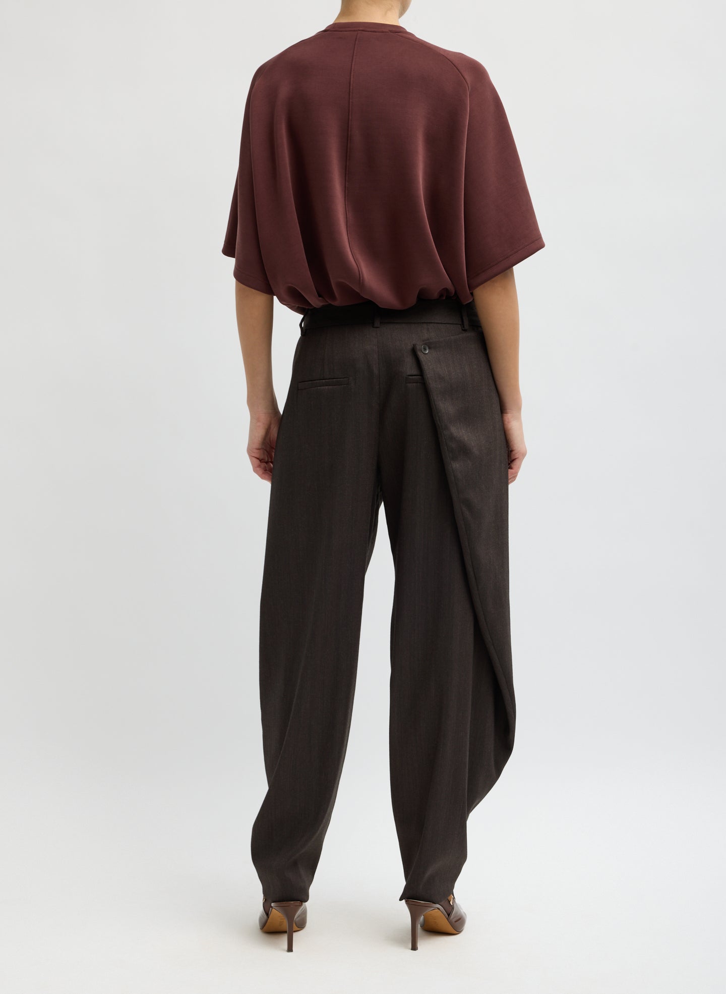 Brown Herringbone Suiting Side Drape Pleated Pant - back view on model
