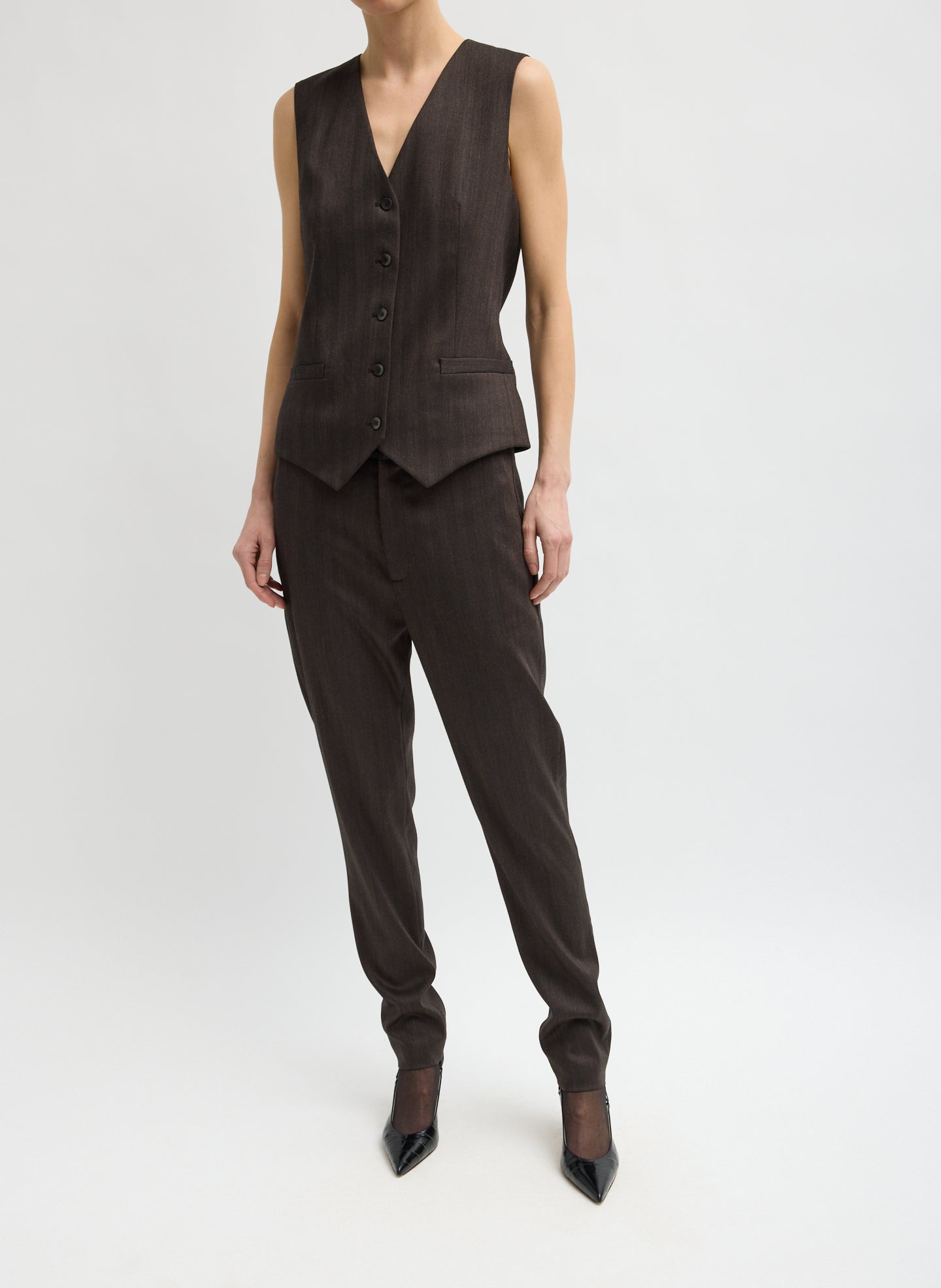 Brown Herringbone Suiting Vest - full look, front view on model