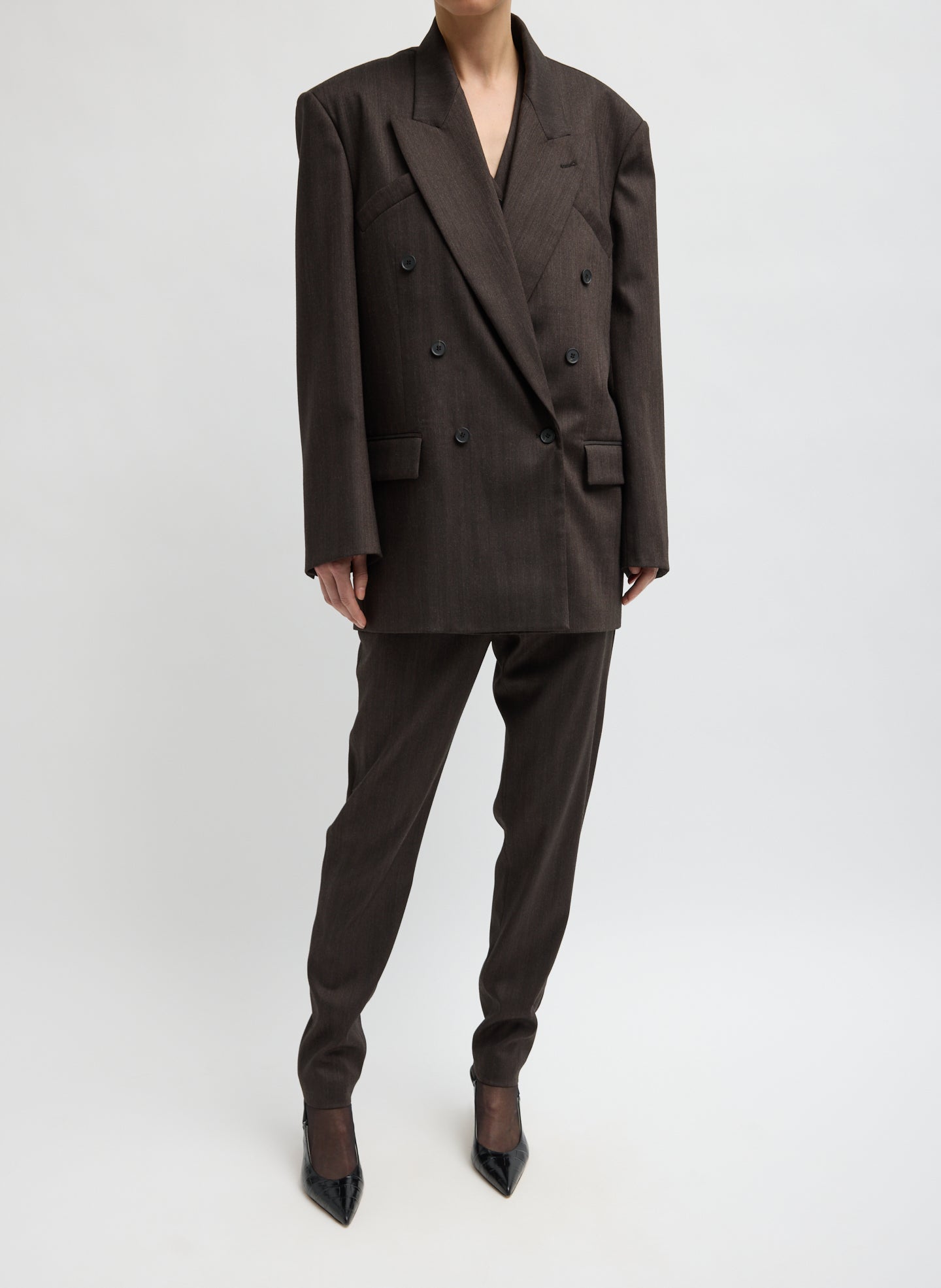 Brown Multi Herringbone Suiting Easy Men's Blazer - oversized double-breasted blazer, front view on model