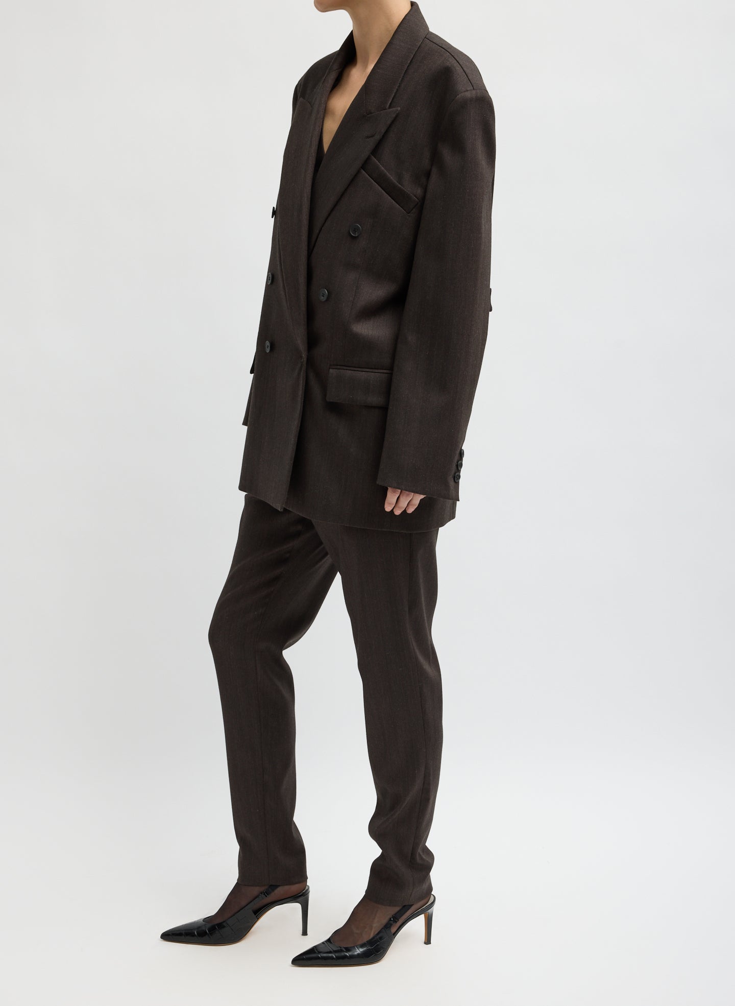 Brown Multi Herringbone Suiting Easy Men's Blazer - oversized double-breasted blazer, side view on model