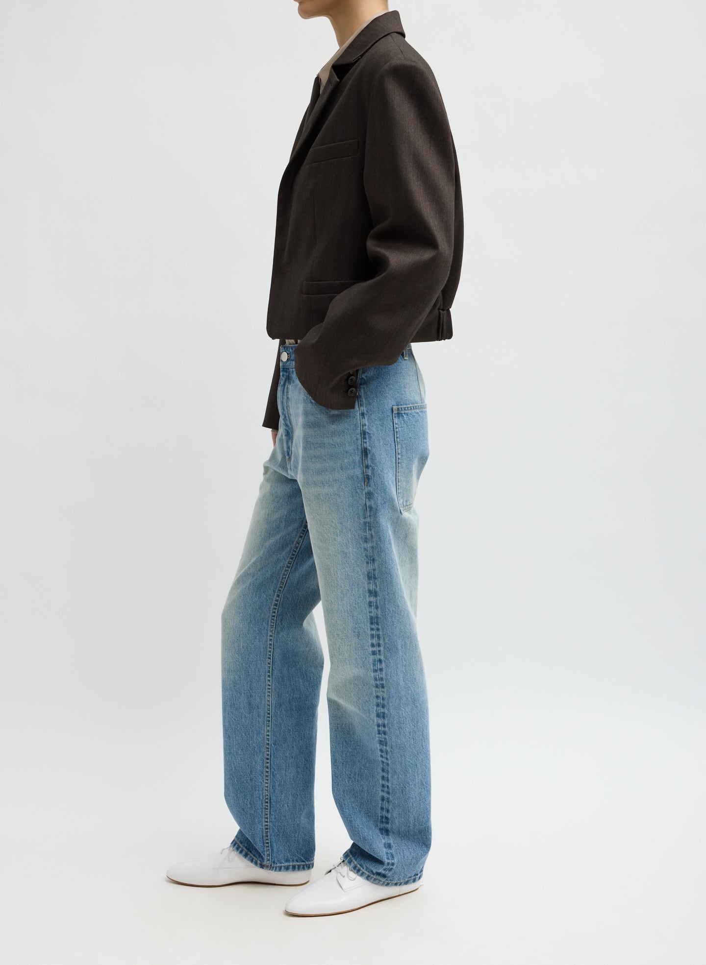 Brown Multi Herringbone Suiting Cropped Blazer - side view on model