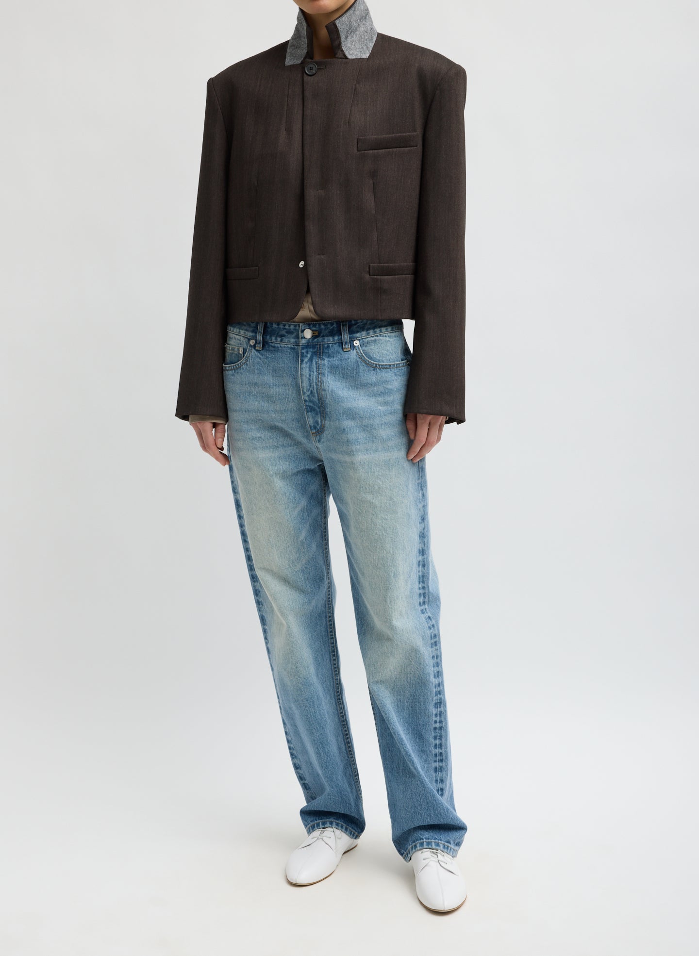 Brown Multi Herringbone Suiting Cropped Blazer - full look, front view on model