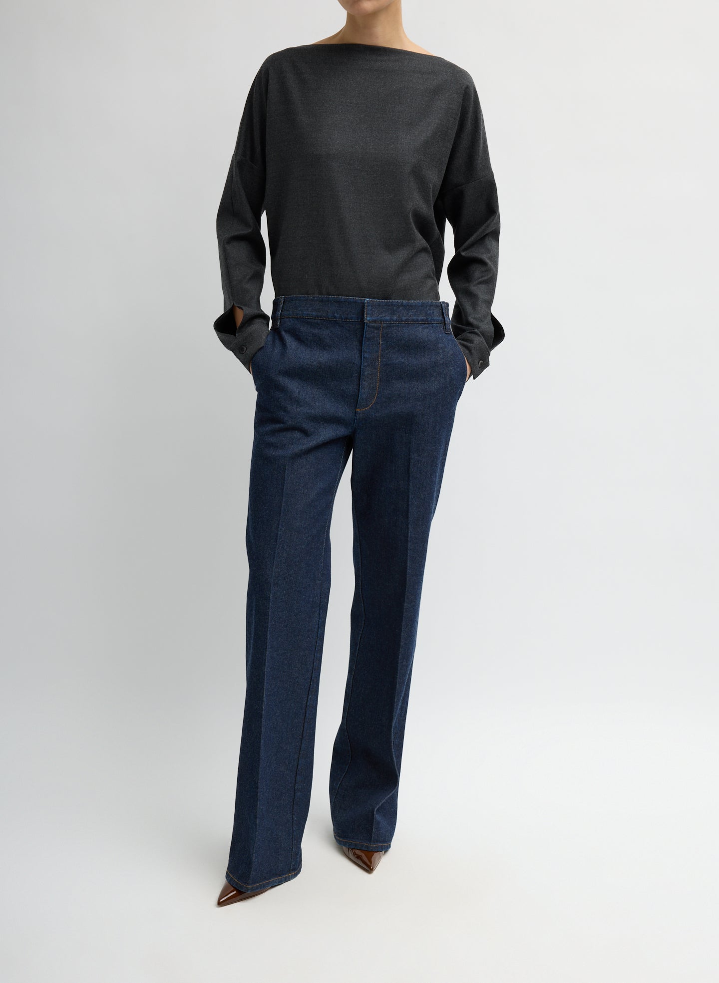 Dark Indigo Denim Pat Trouser Jean - tailored jeans, front view on model