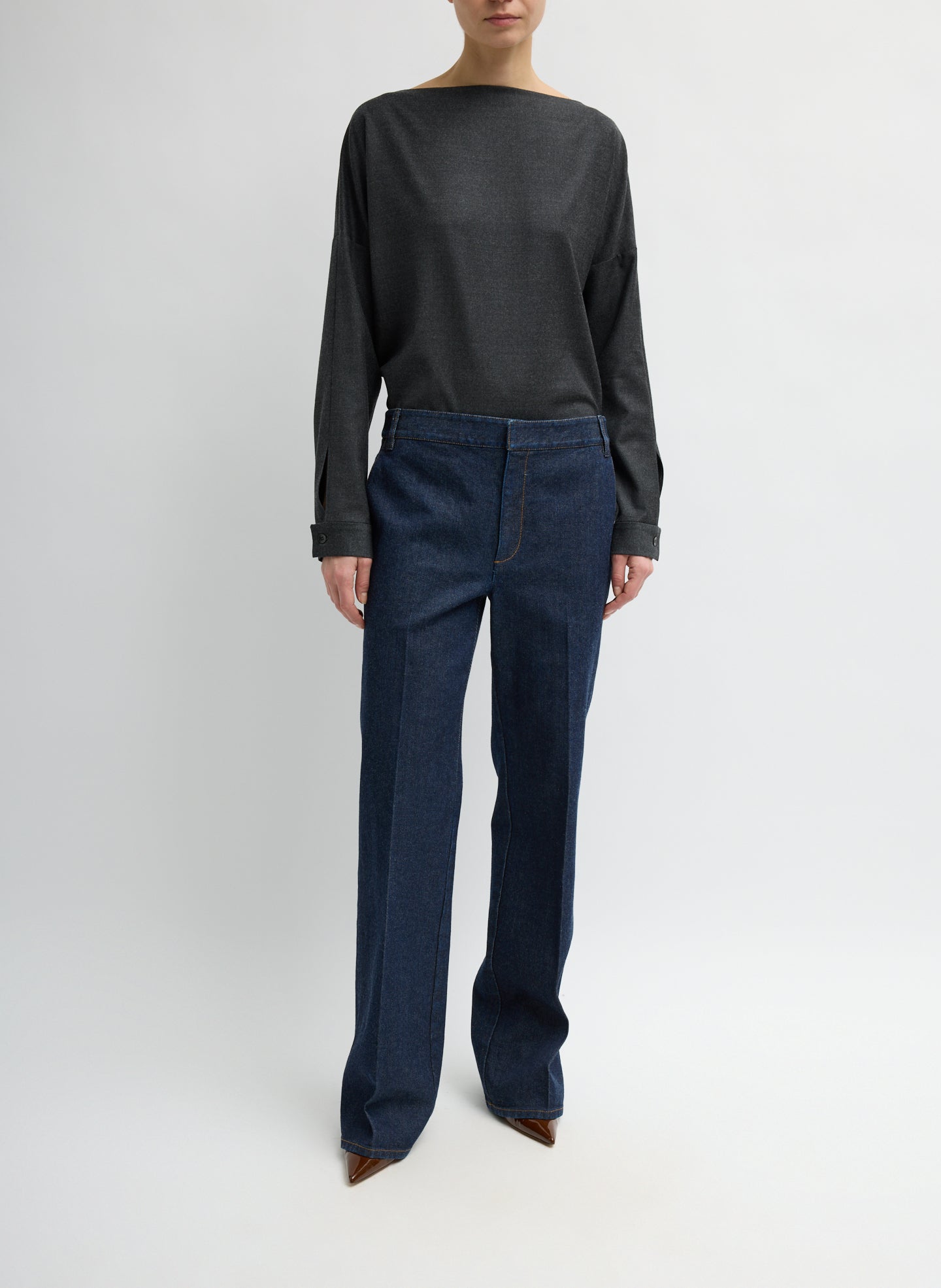 Dark Indigo Denim Pat Trouser Jean - tailored jeans, front view on model