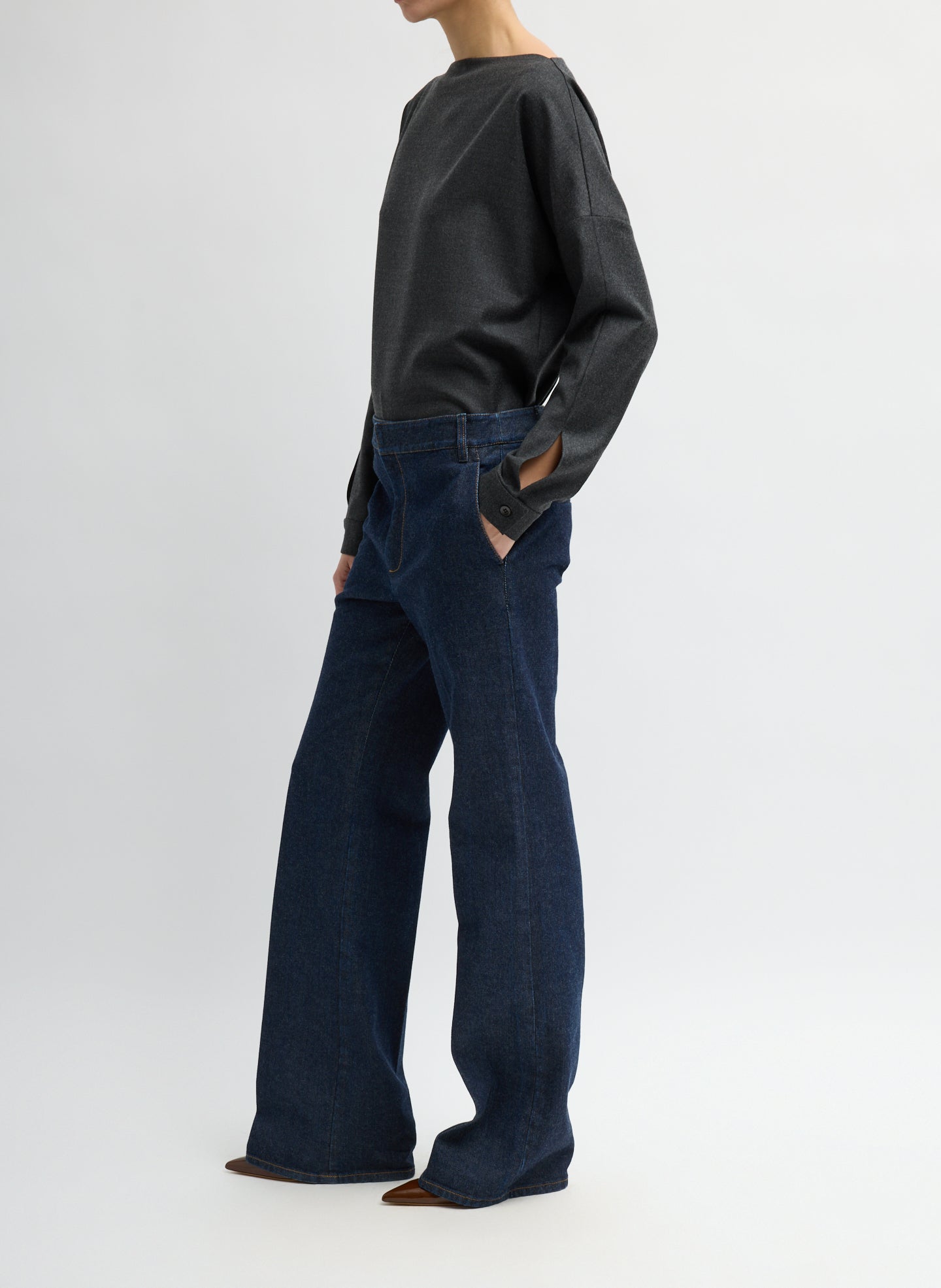 Dark Indigo Denim Pat Trouser Jean - tailored jeans, side view on model