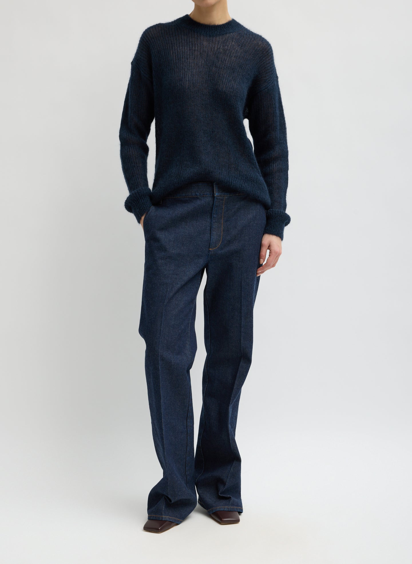 Dark Indigo Denim Pat Trouser Jean - full look, front view on model