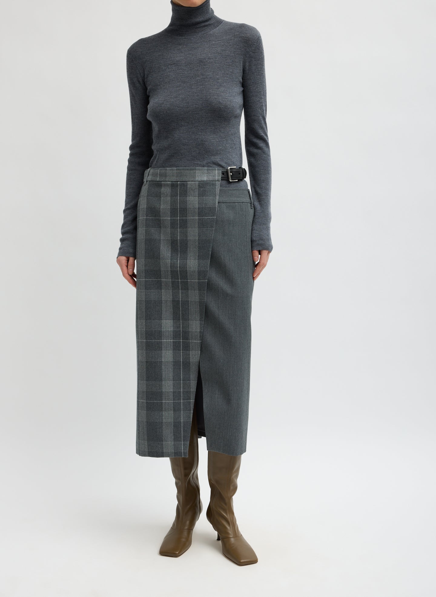 Grey Papery Wool Plaid Double Apron Skirt - front view on model
