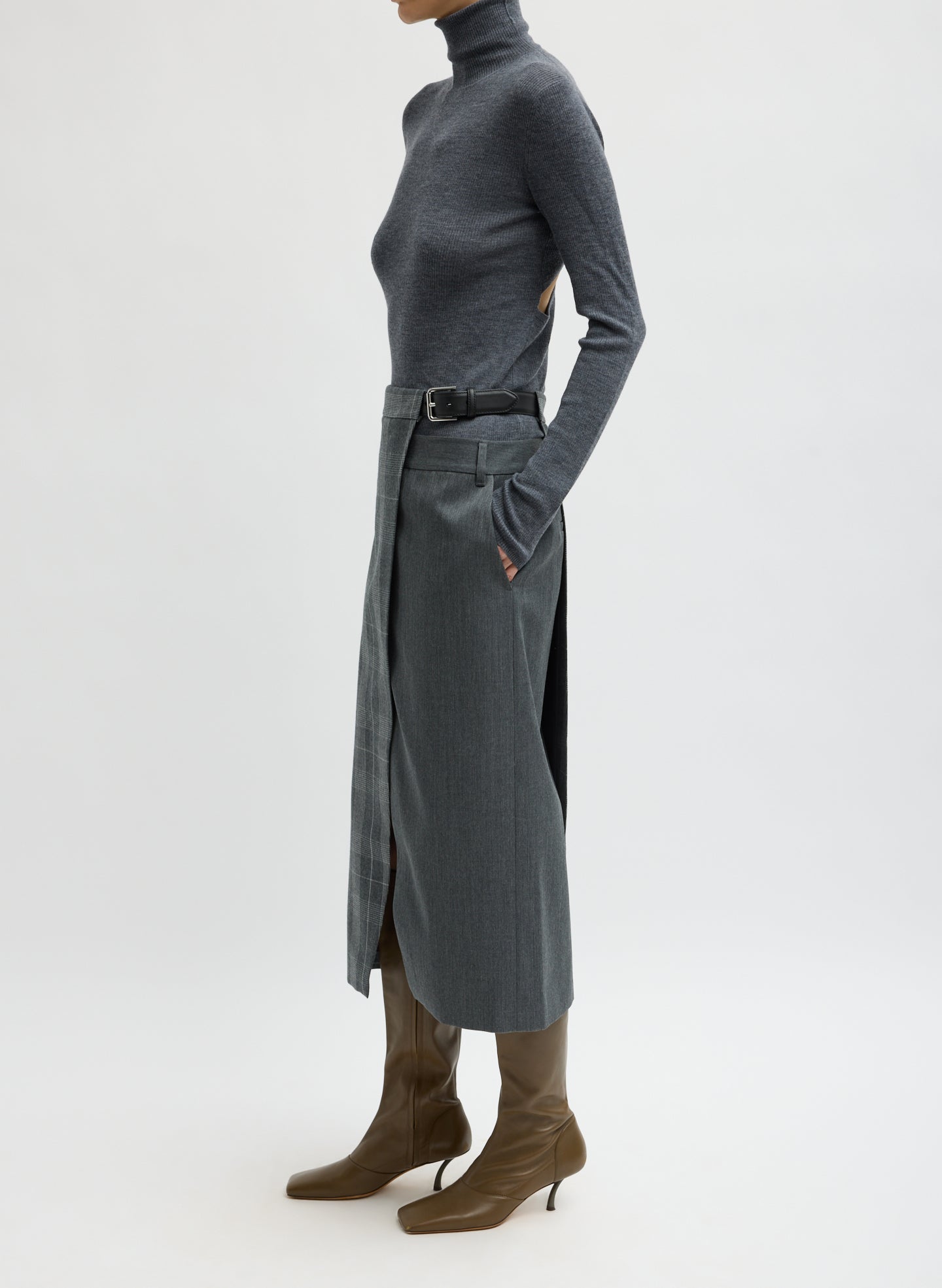 Grey Papery Wool Plaid Double Apron Skirt - side view on model