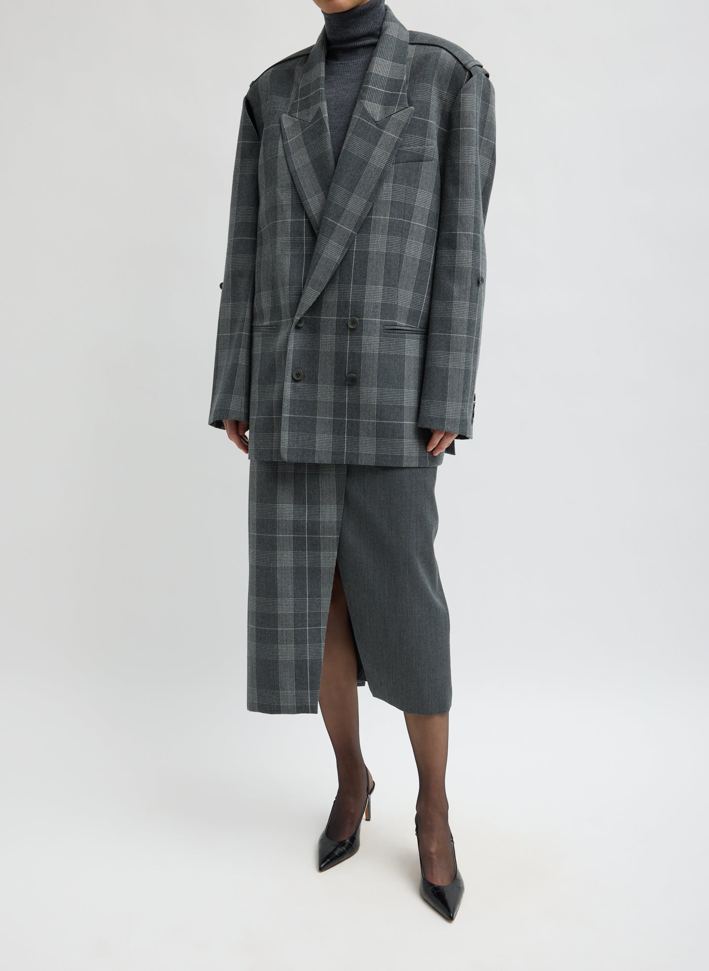 Grey Papery Wool Plaid Easy Men's Blazer - oversized, double-breasted blazer, front view on model