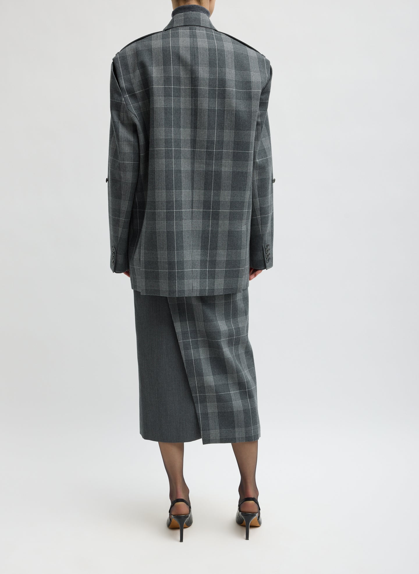 Grey Papery Wool Plaid Easy Men's Blazer - oversized, double-breasted blazer, back view on model