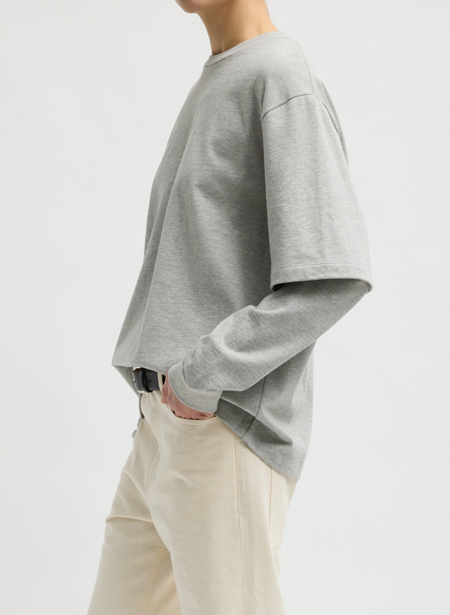 Heather Grey Perfect Unisex T-Shirt Double Layer Long Sleeve Shirt - side view on model