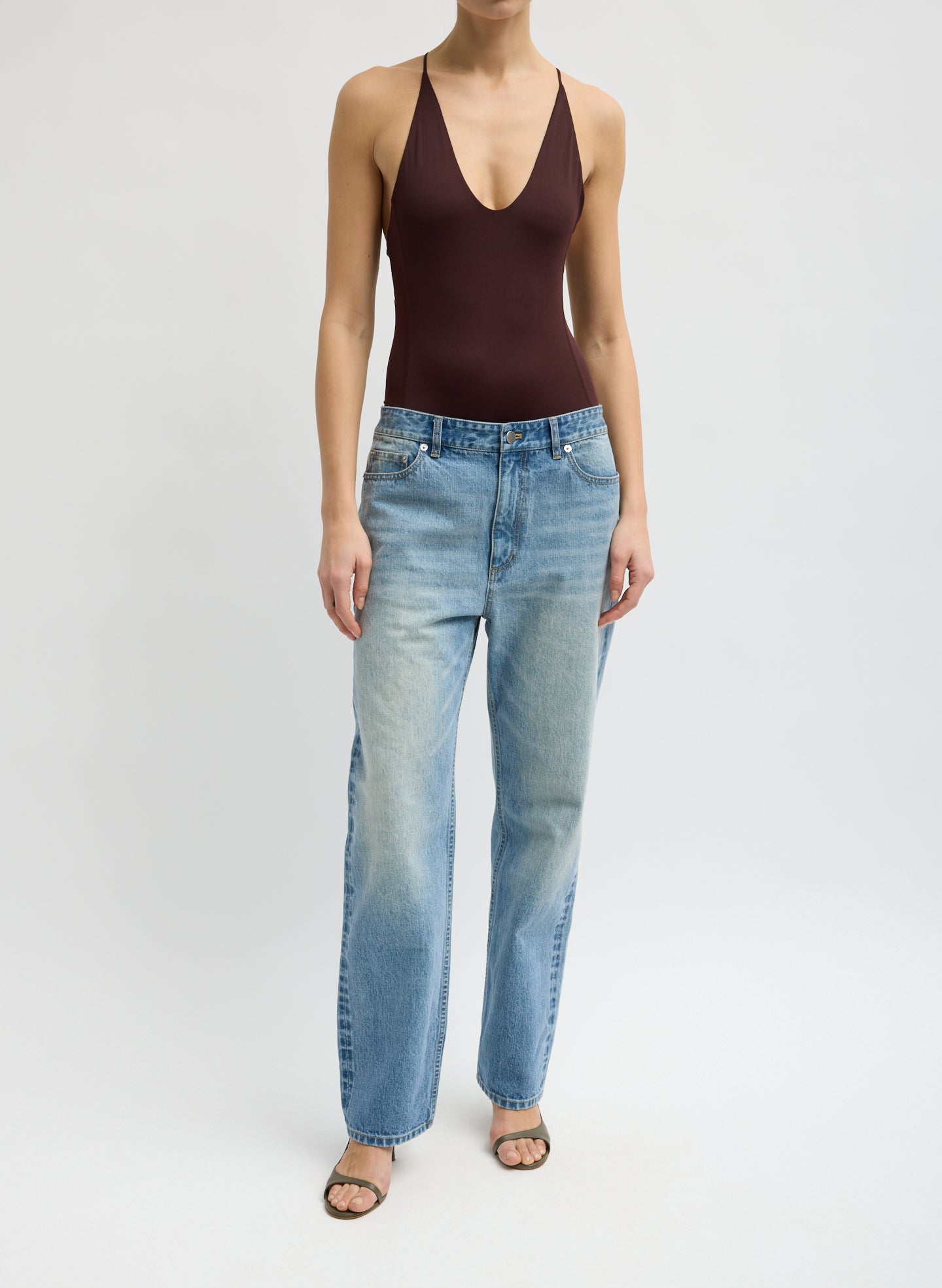 Burnt Brown Stretch Lightweight Tech Knit Strappy Racerback Tank Top - full look, front view on model
