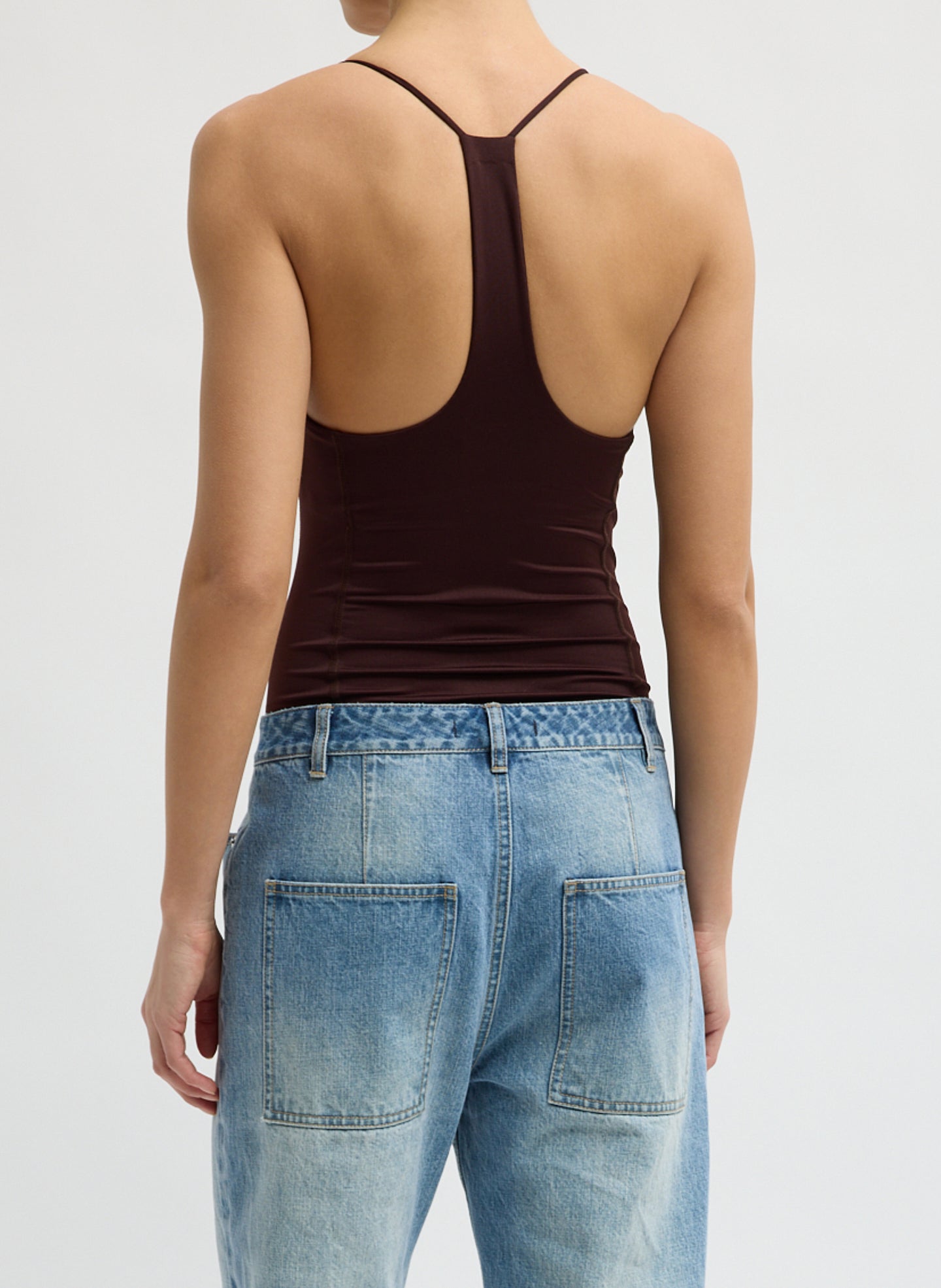 Burnt Brown Stretch Lightweight Tech Knit Strappy Racerback Tank Top - back view on model