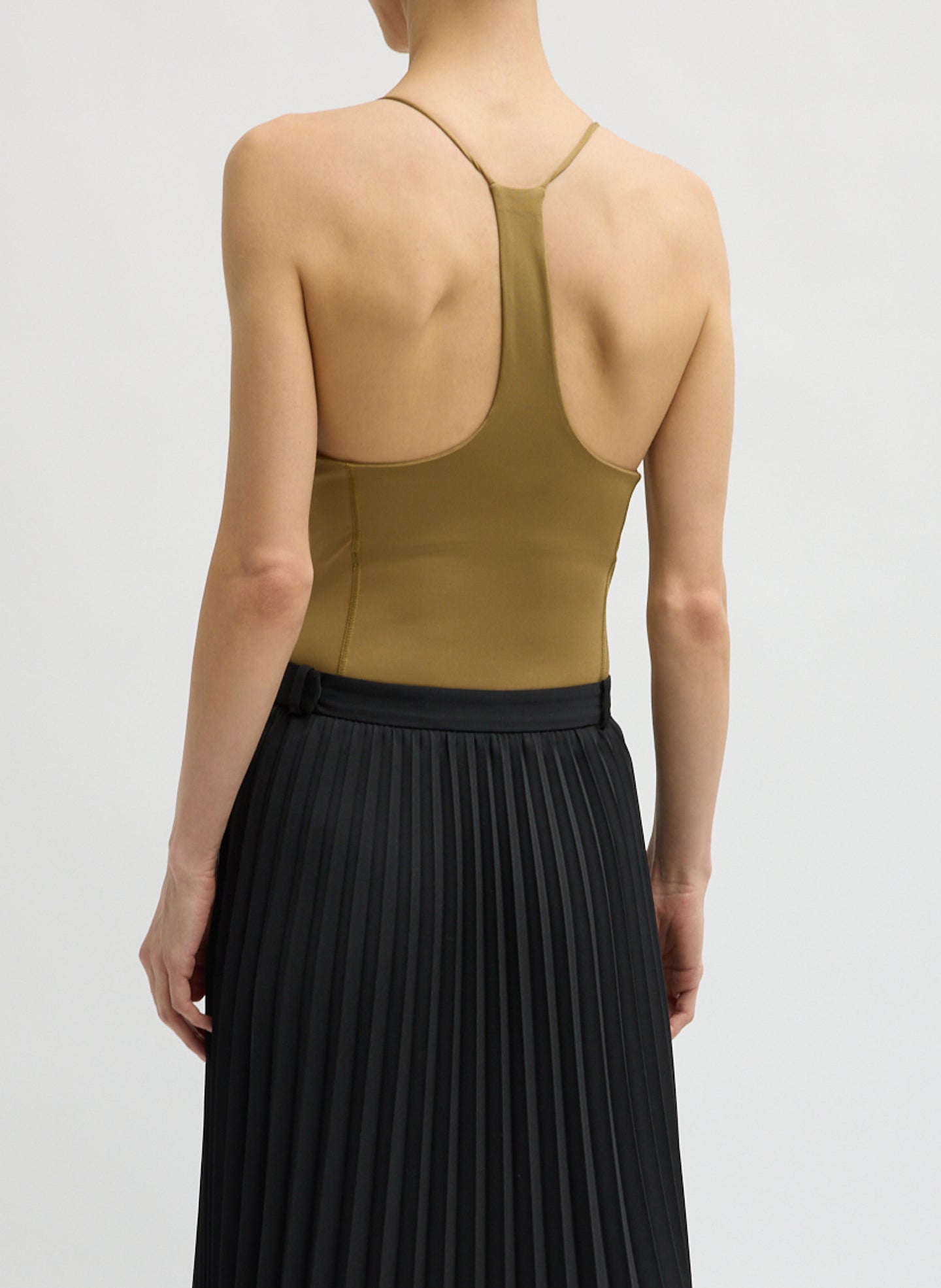 Tan Stretch Lightweight Tech Knit Strappy Racerback Tank Top - back view on model