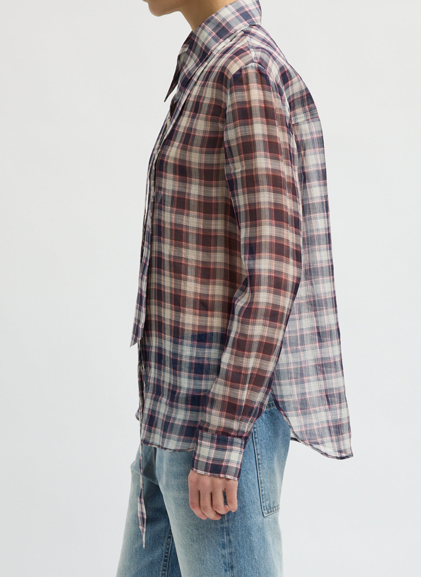 Black and Red Silk Cotton Plaid Blouse with Removable Tie - long sleeve top, side view on model