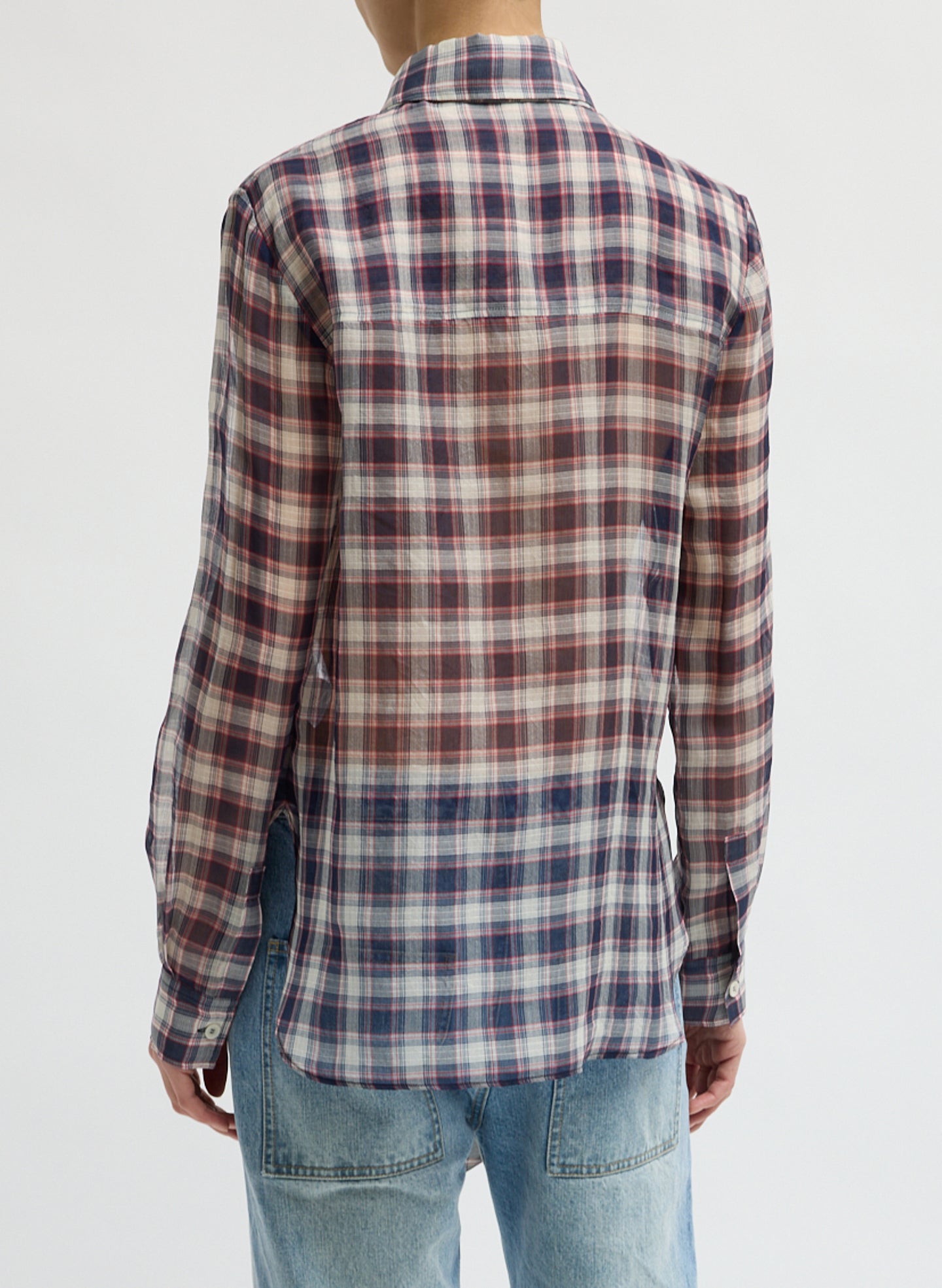Black and Red Silk Cotton Plaid Blouse with Removable Tie - long sleeve top, back view on model