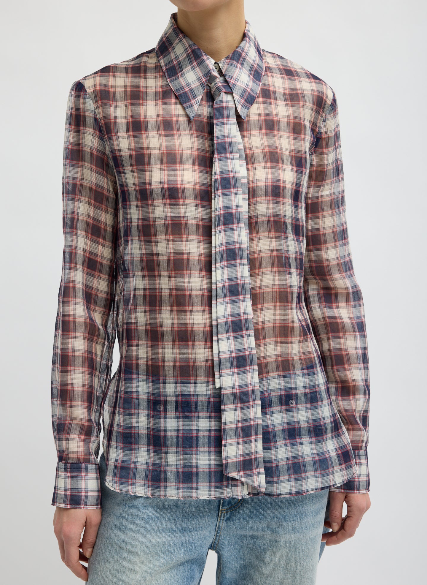 Black and Red Silk Cotton Plaid Blouse with Removable Tie - long sleeve top, front view on model