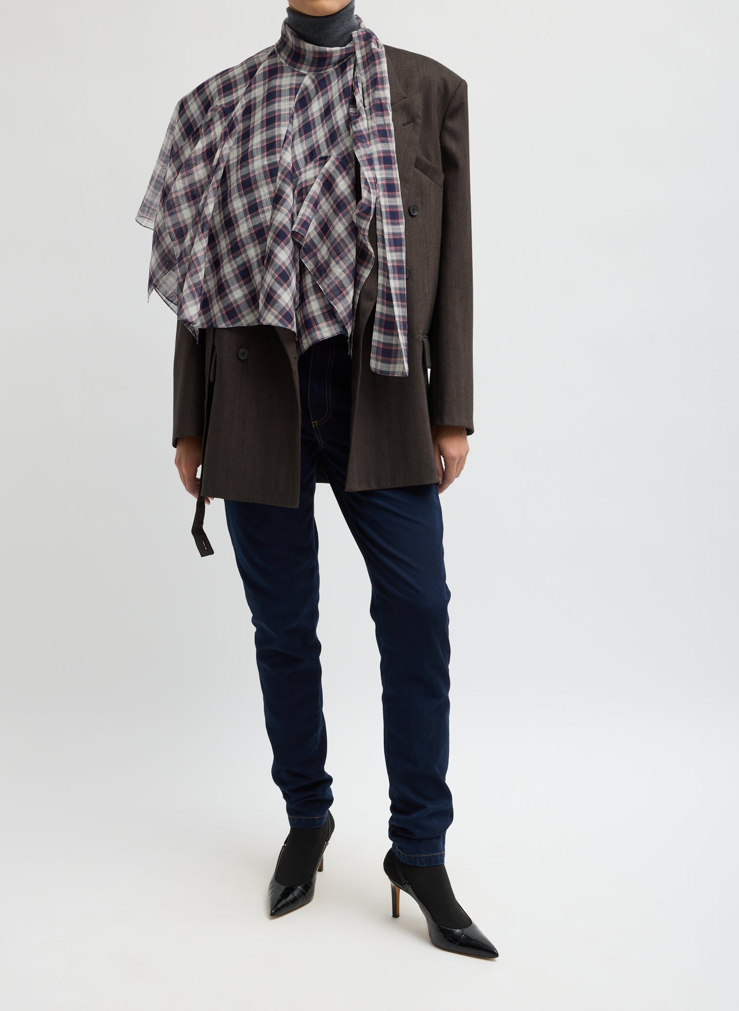 Black and Red Silk Cotton Plaid Cape Tie Top - front view on model