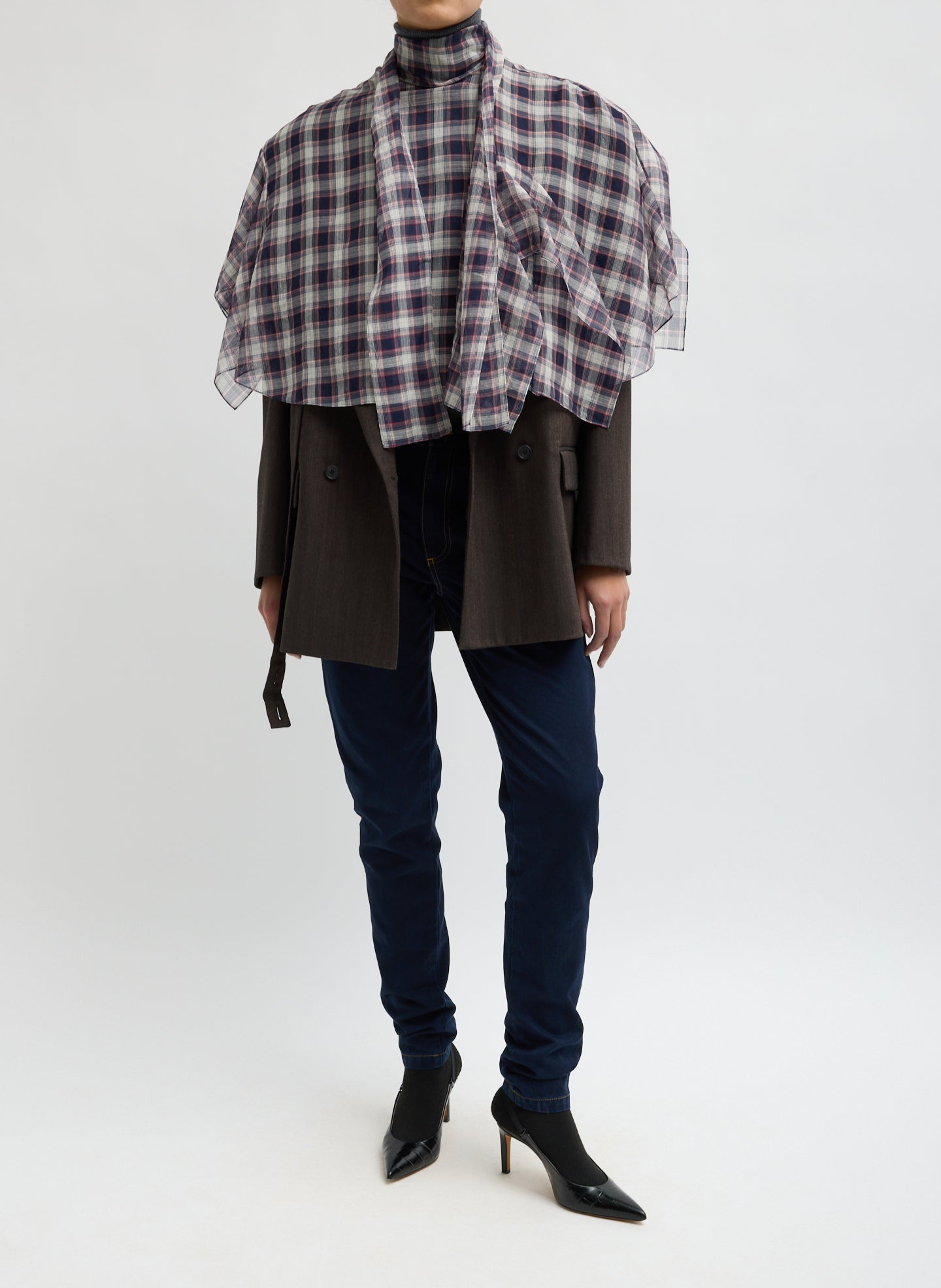 Black and Red Silk Cotton Plaid Cape Tie Top - front view on model